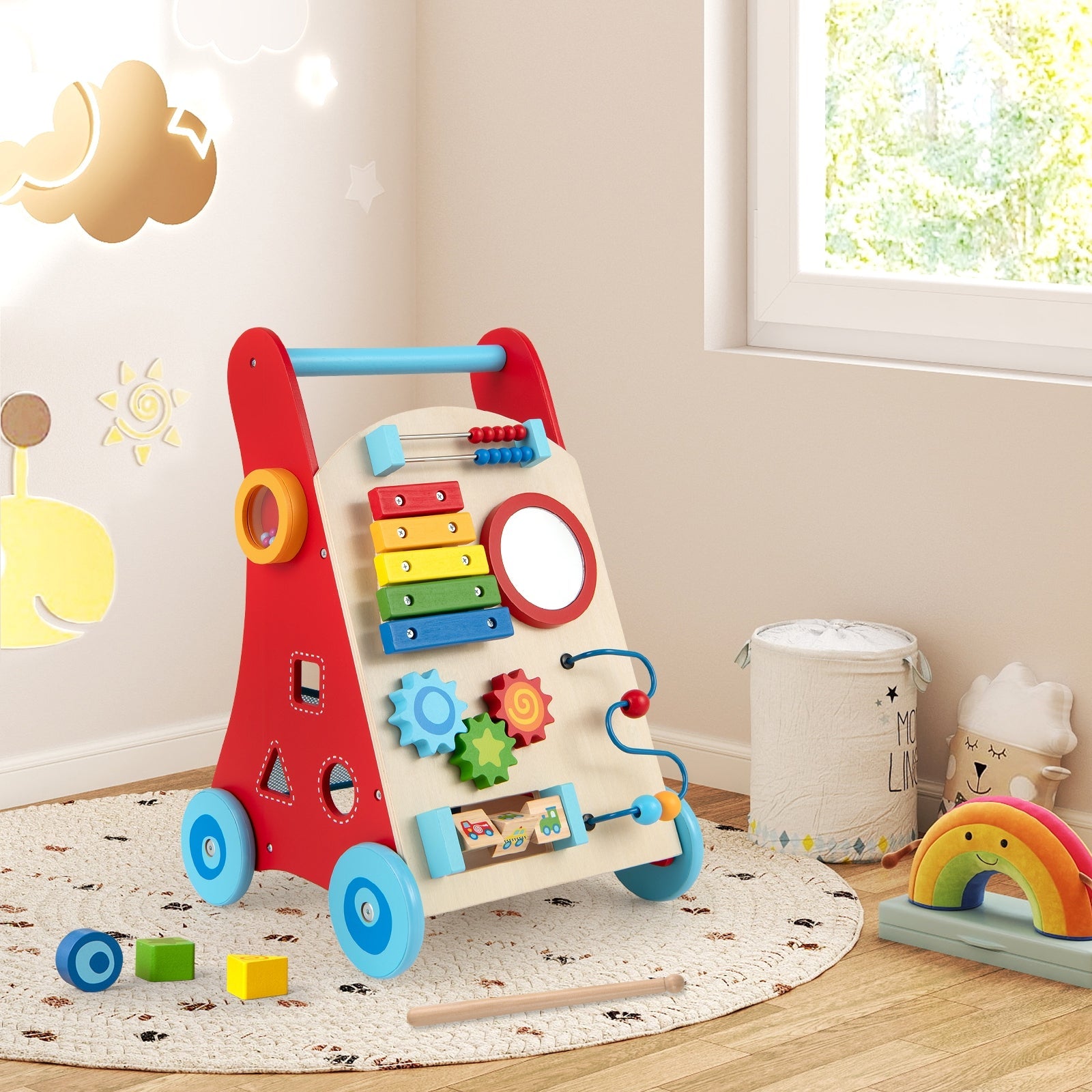 Baby Push Walker with Handle and Wheels for Boys & Girls 3+ Years Old-Muticolor