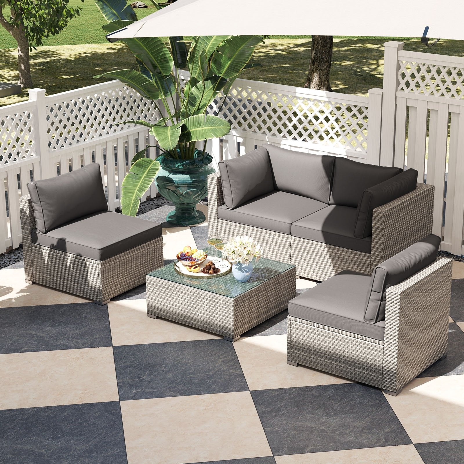 5-Piece Outdoor Patio Sectional Sofa Couch and Glass Coffee Table with Cushions-Black