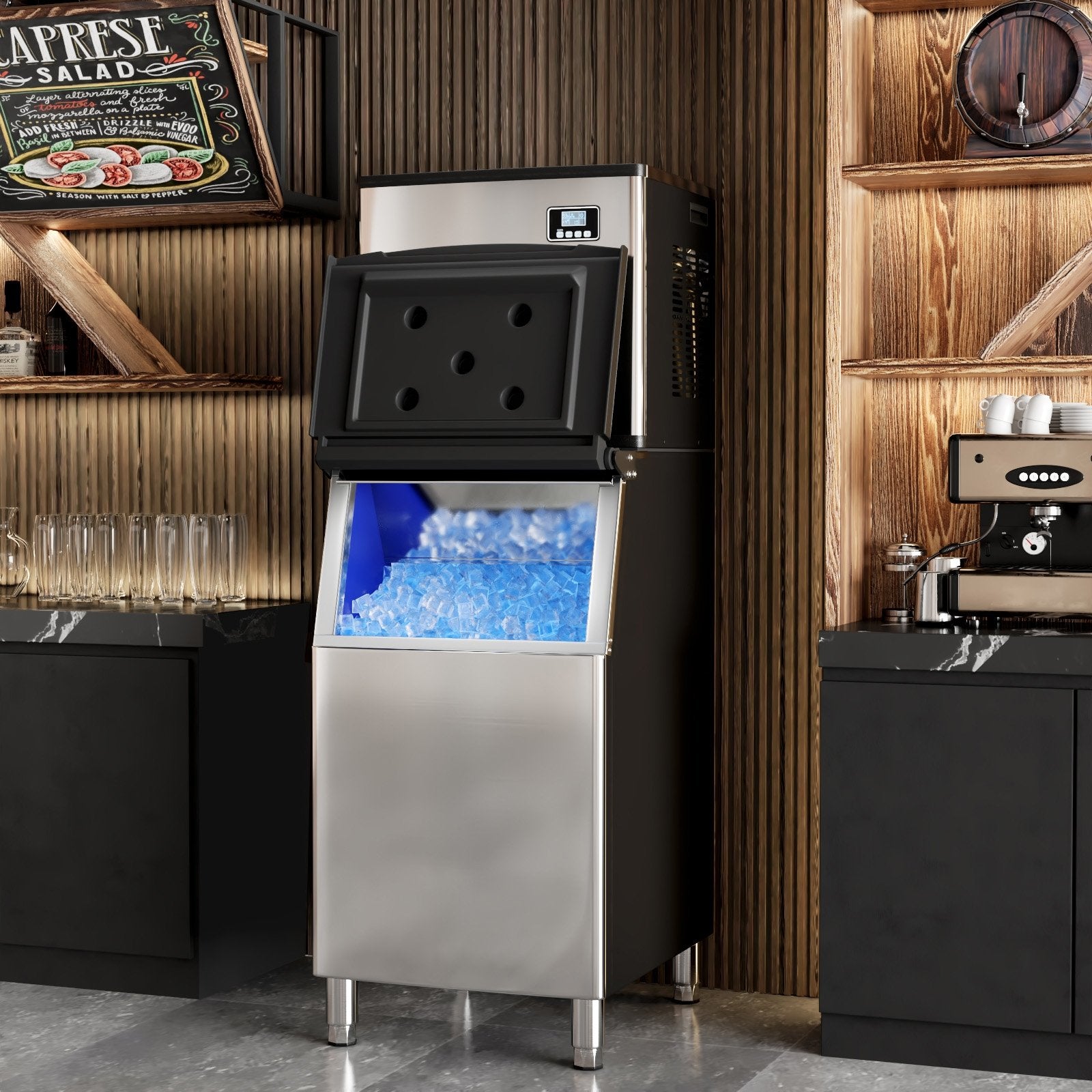 Commercial Ice Maker Machine 418 LBS/24H with 200 LBS Storage Bin-Silver