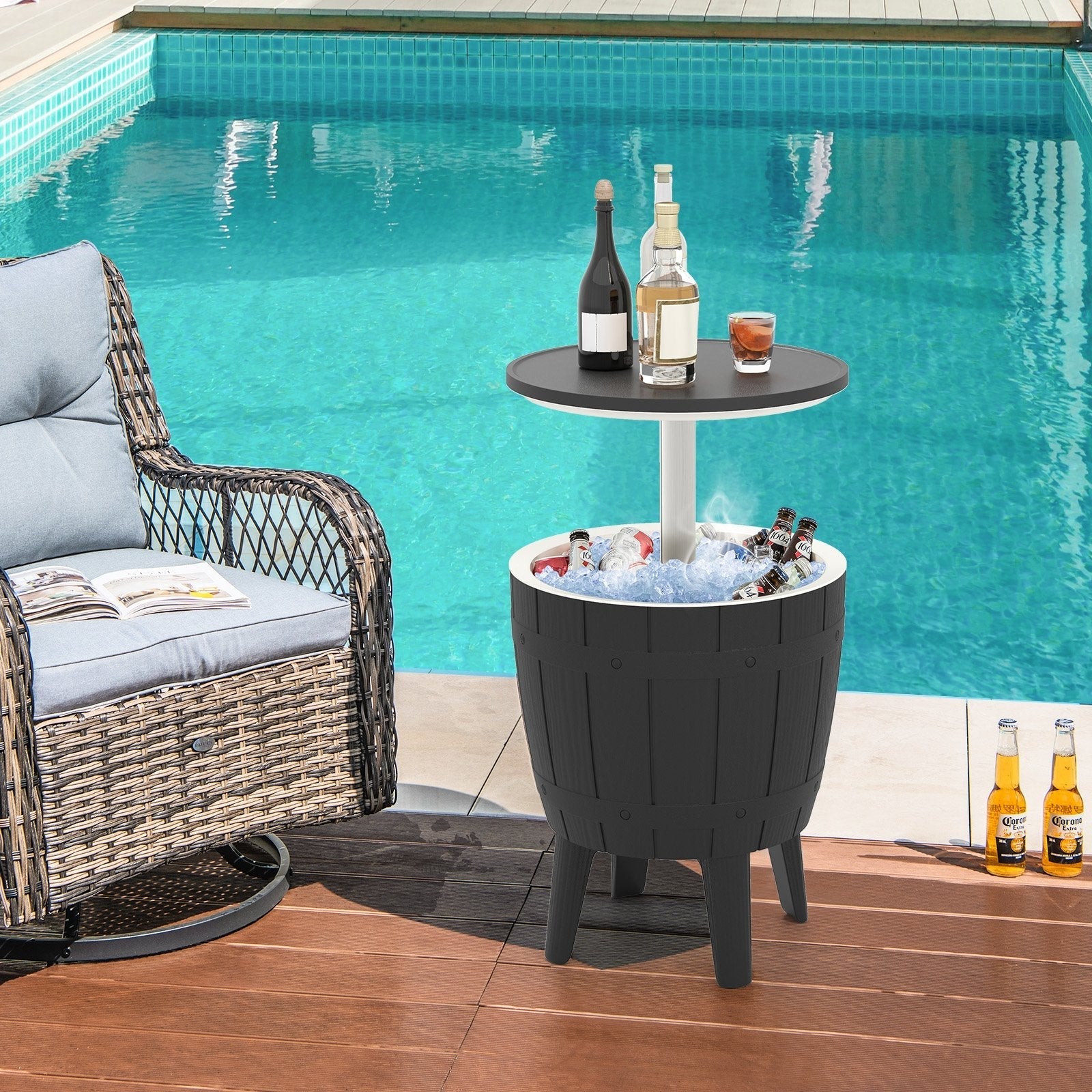 10 Gallon Cooler Bar Table Outdoor Coffee Table Ice Bucket with Telescopic Tabletop for Beer and Wine-Black