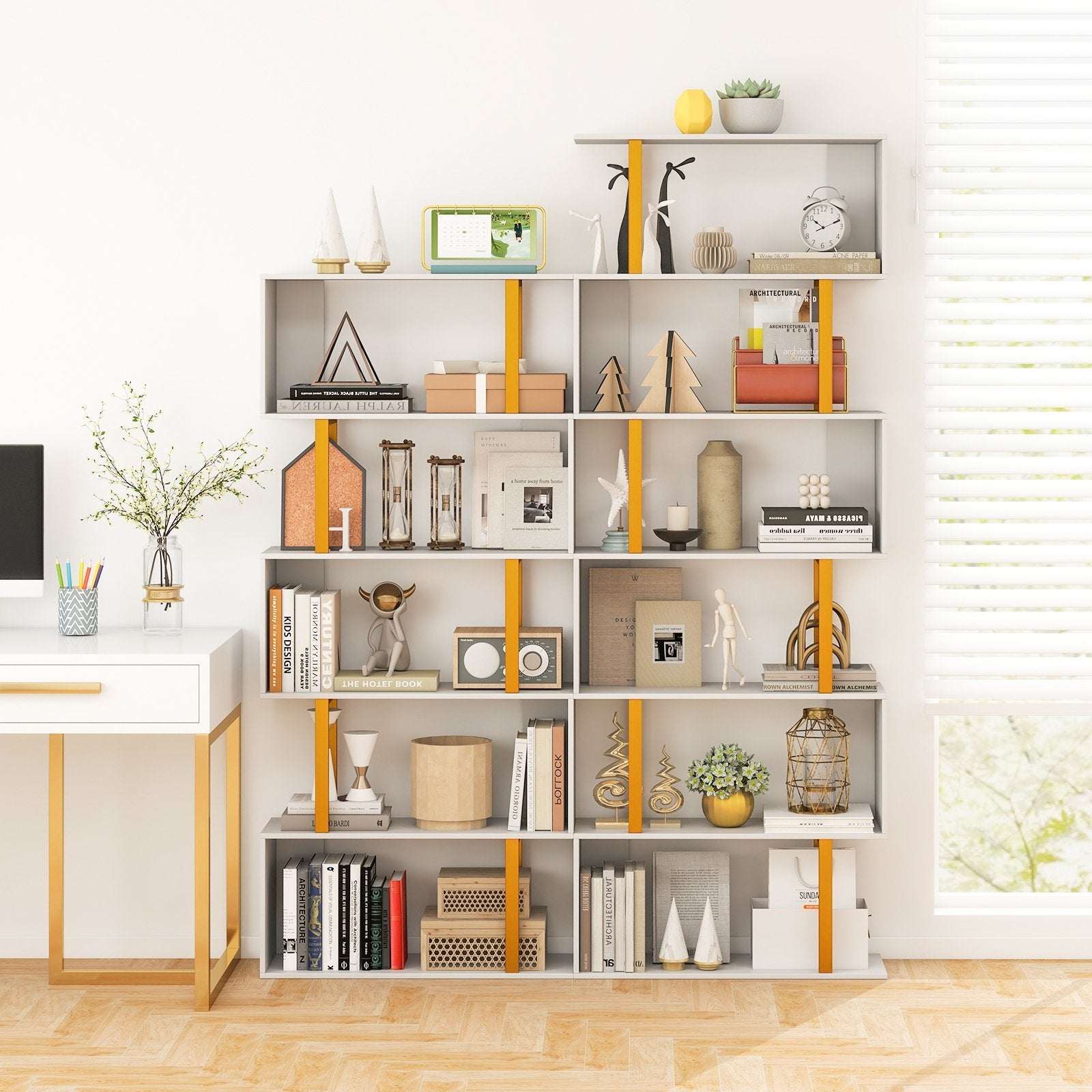 5-Tier/6-Tier Geometric Bookcase with Metal Frame and Anti-tipping Kits-6-Tier