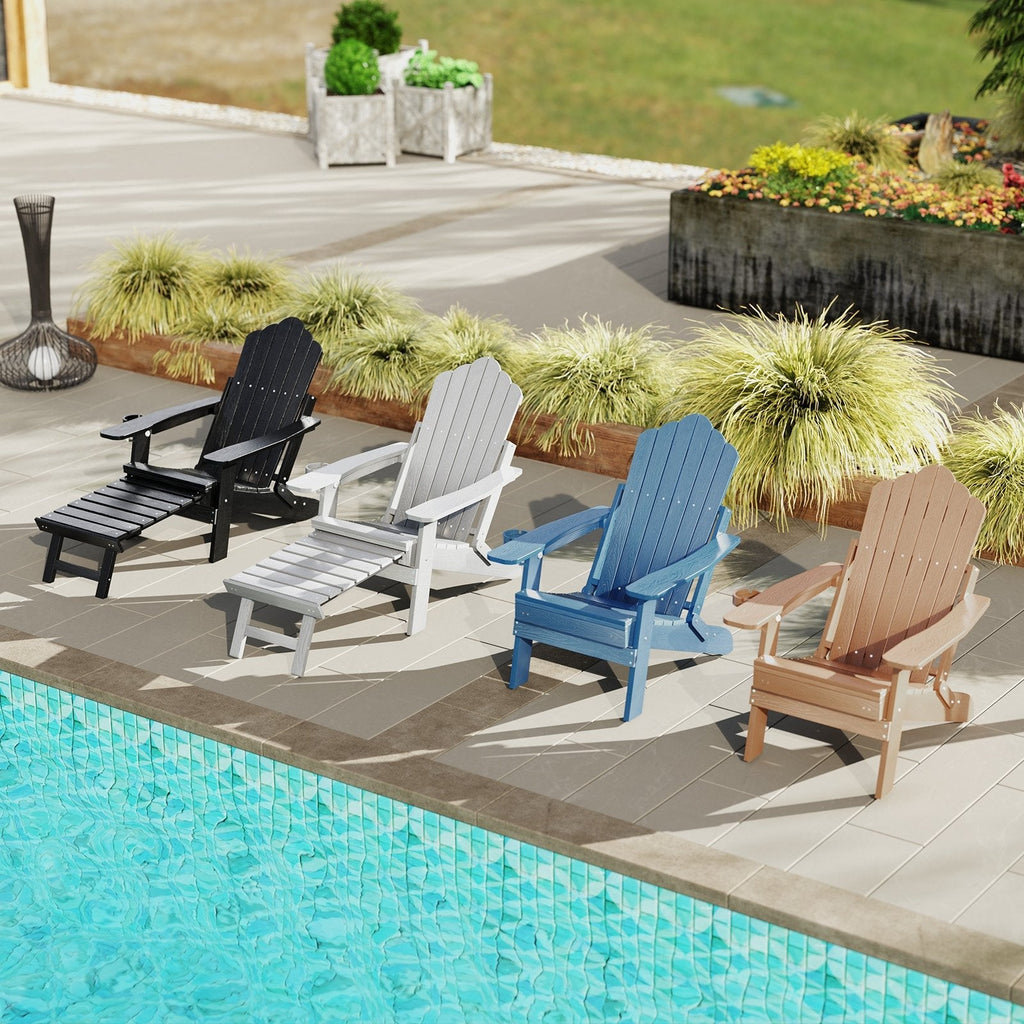 All-Weather HIPS Patio Adirondack Lounge Chair with Retractable Footrest-Black
