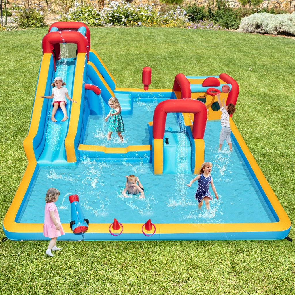 Inflatable Double Water Slide Park 9-in-1 Giant Bounce House 735W Blower Included