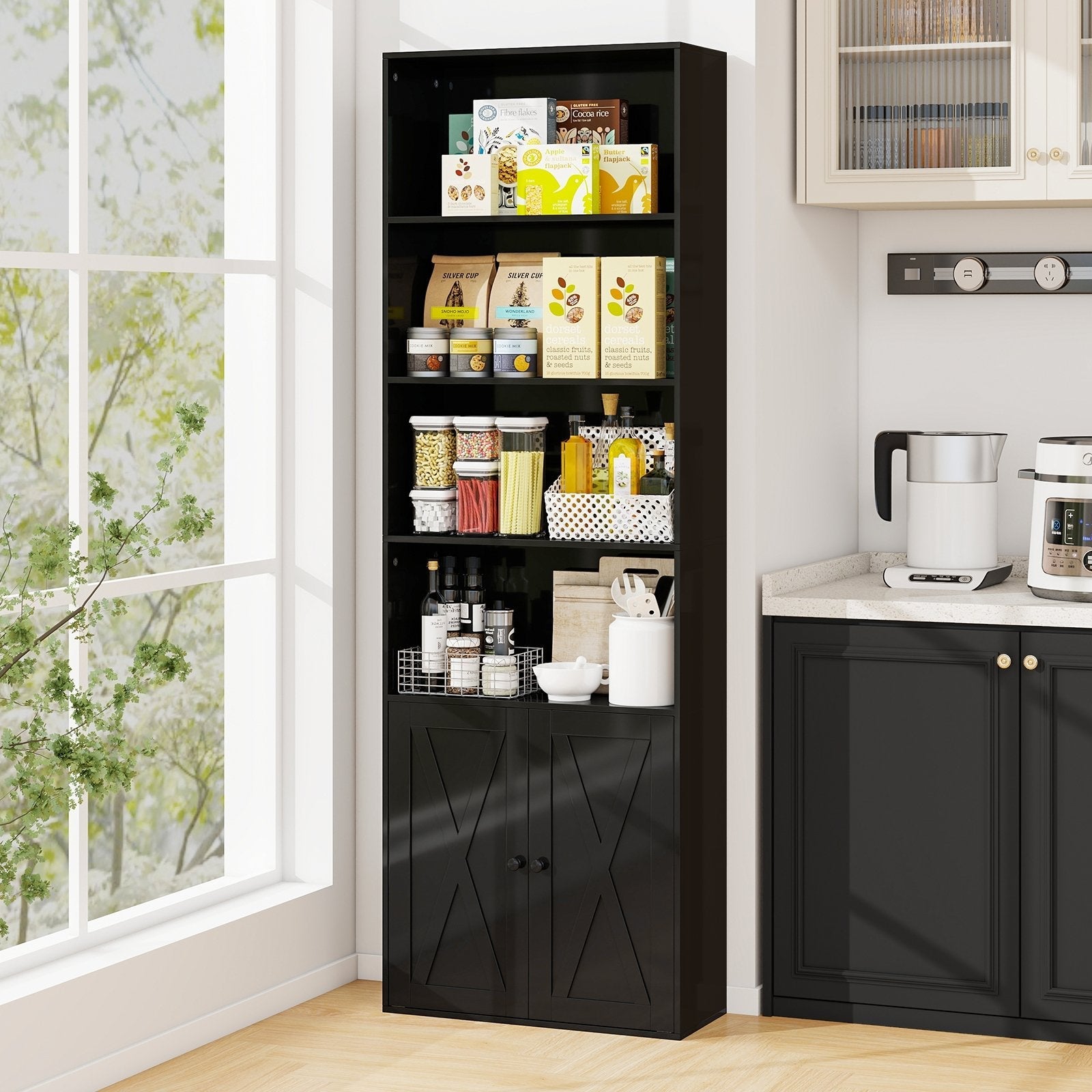 71 Inch Freestanding Bookshelf with 6 Shelves and 2-Door Cabinet-Black