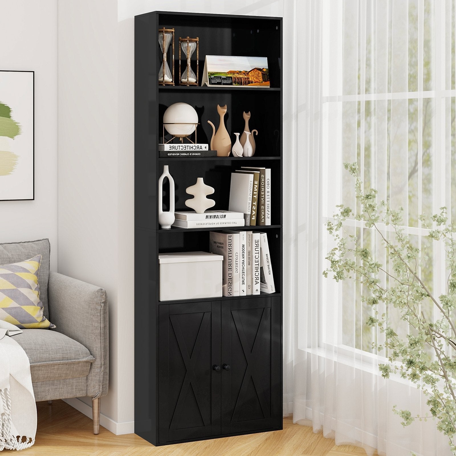 71 Inch Freestanding Bookshelf with 6 Shelves and 2-Door Cabinet-Black