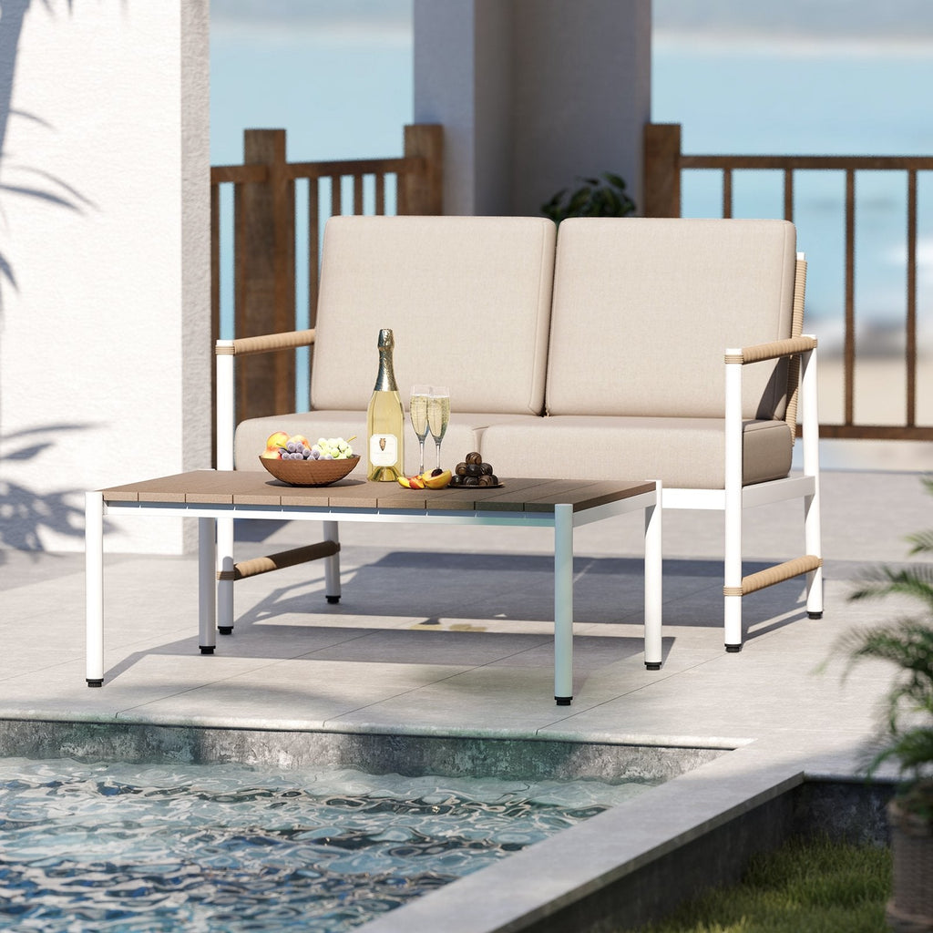 Patio Loveseat Sofa with Coffee Table Set with Thick Cushions