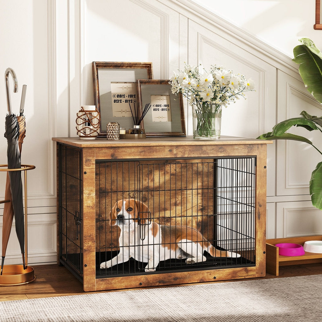 Dog Crate Furniture with Cushion and Double Doors for Small/Medium Dogs-33 Inches