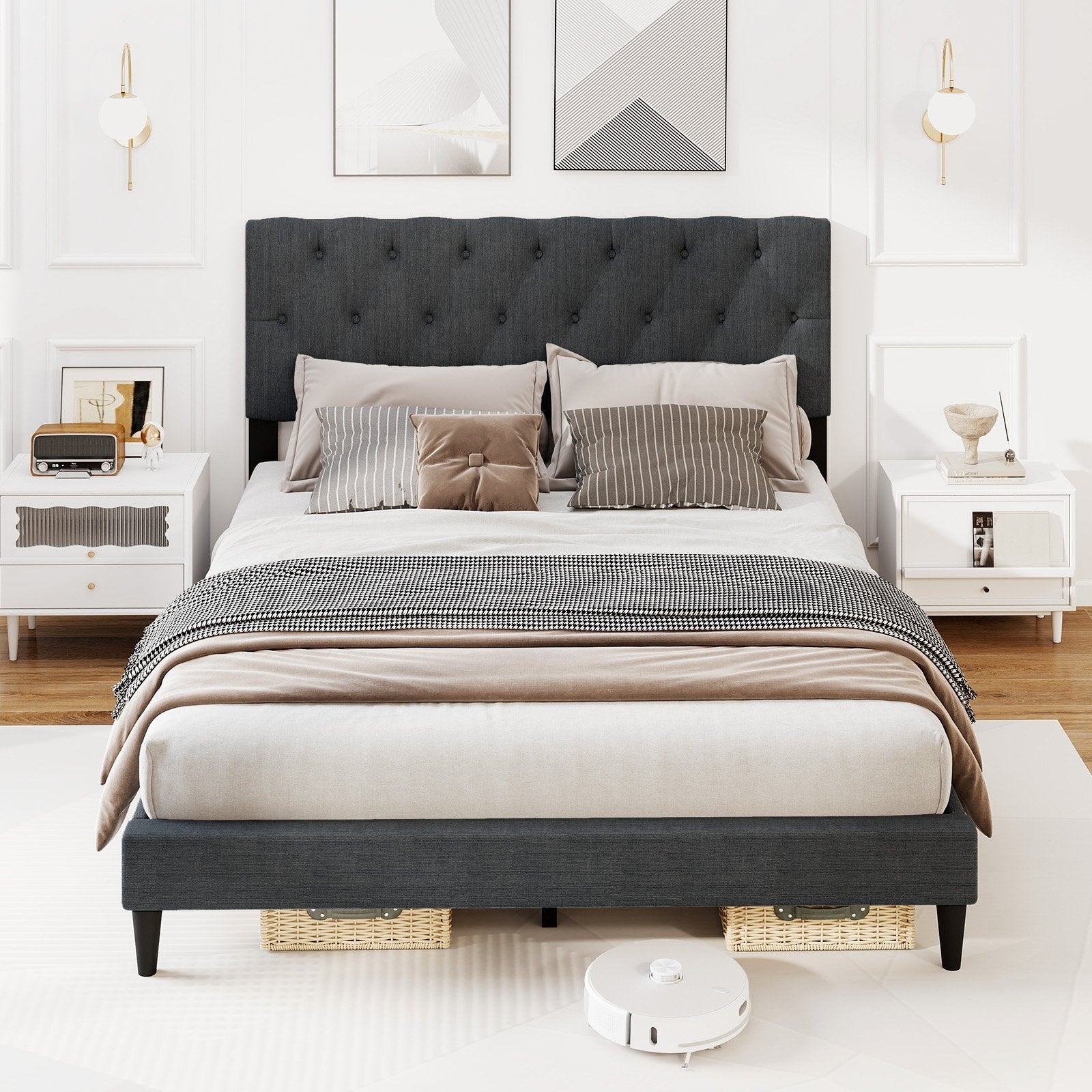 Upholstered Platform Bed with Tufted Headboard and Wooden Slats Gray-Twin Size