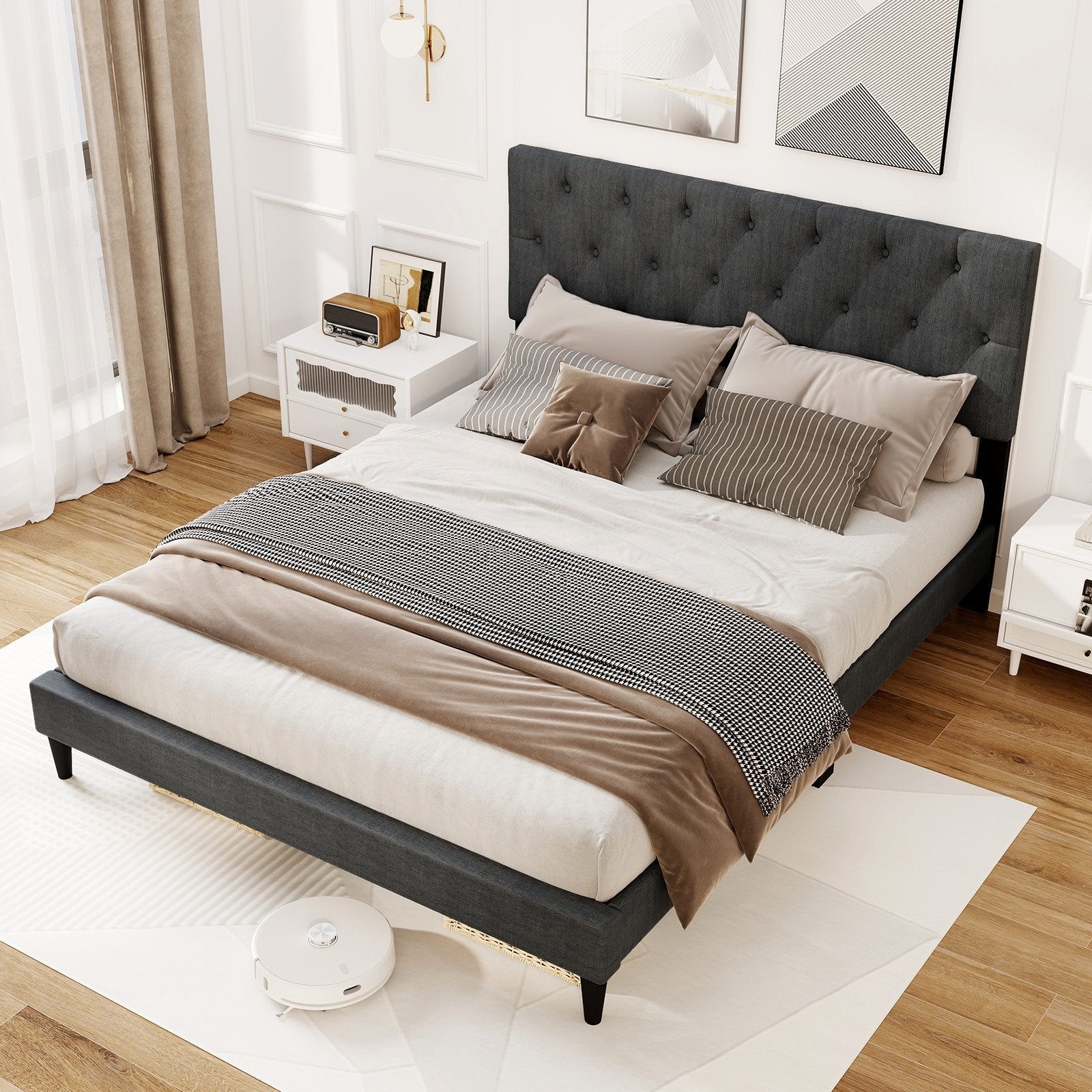 Upholstered Platform Bed with Tufted Headboard and Wooden Slats Gray-Twin Size