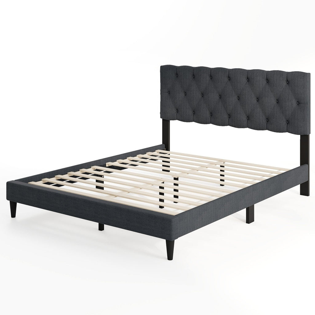 Upholstered Platform Bed with Tufted Headboard and Wooden Slats Gray-Twin Size