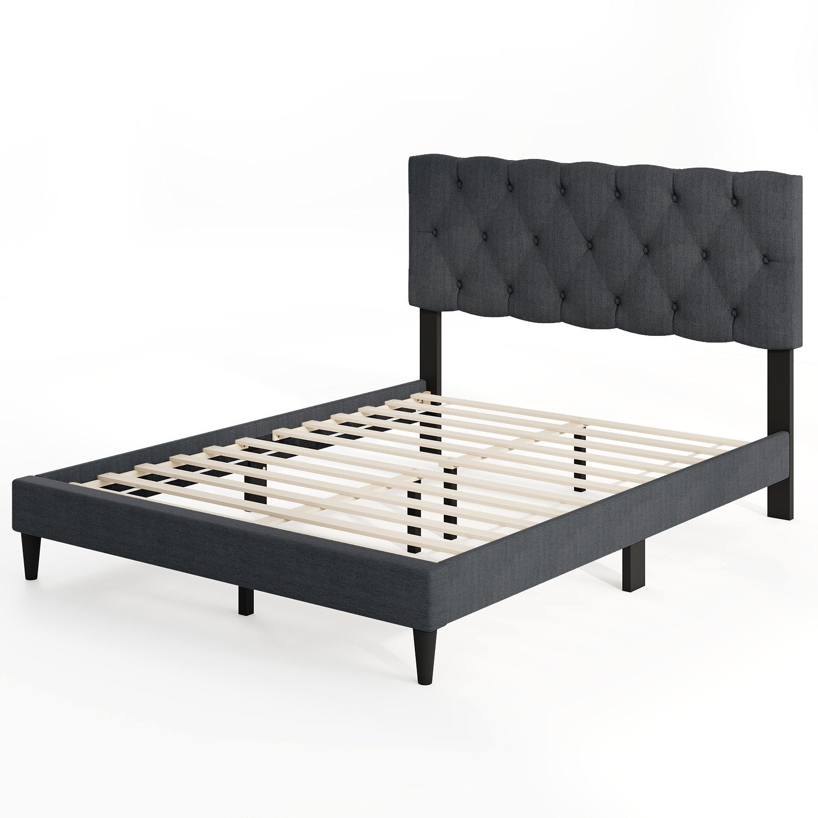 Upholstered Platform Bed with Tufted Headboard and Wooden Slats Gray-Twin Size