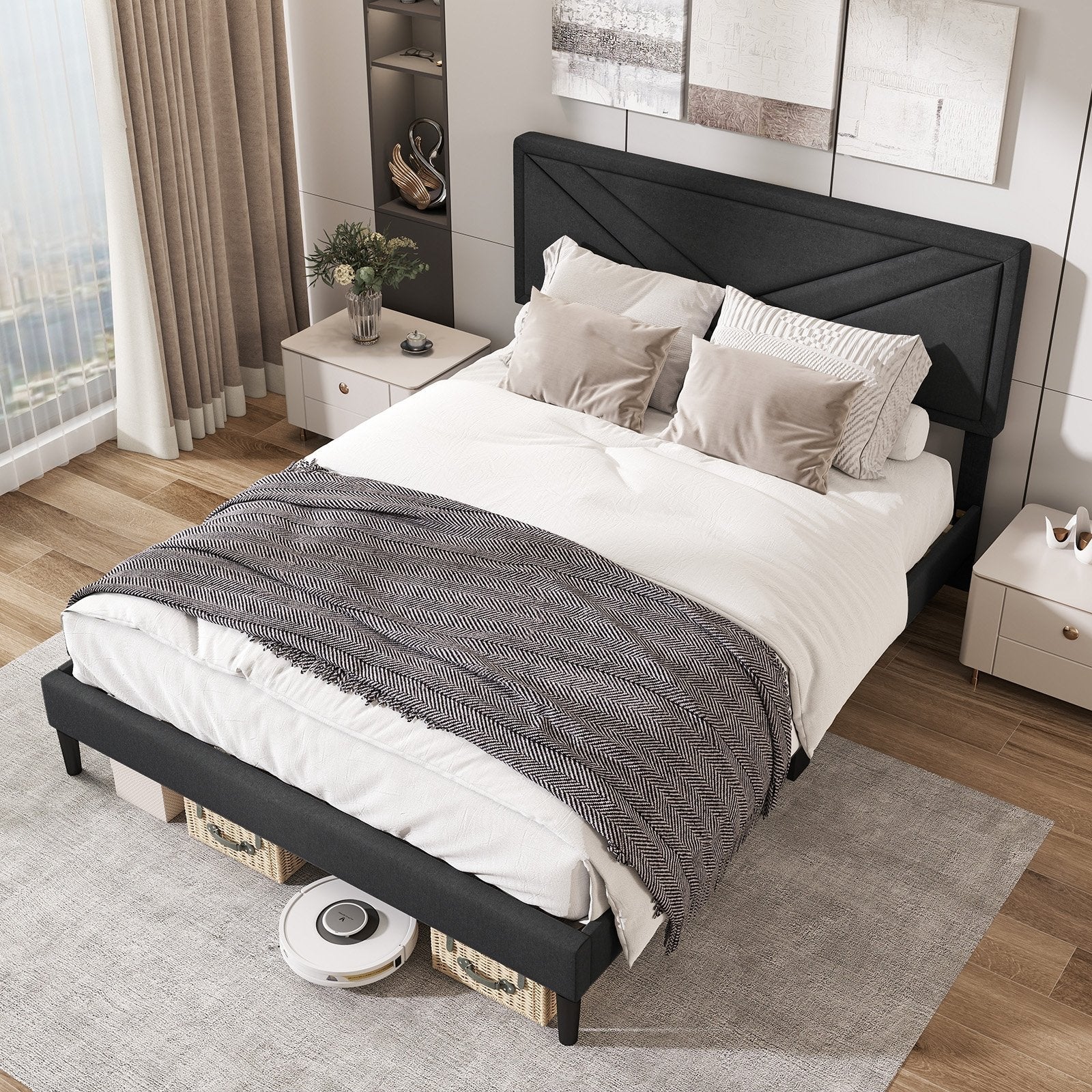 Upholstered Platform Bed with Tufted Headboard and Wooden Slats-Full Size