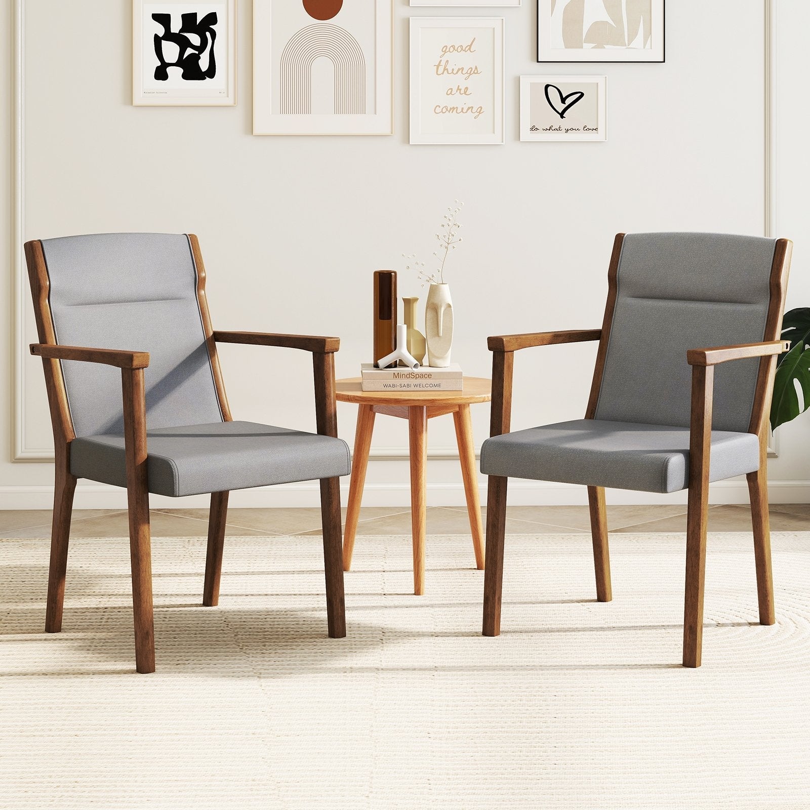 Upholstered Wooden Accent Chairs Set of 2 with High Back and Soft Cushion-Gray
