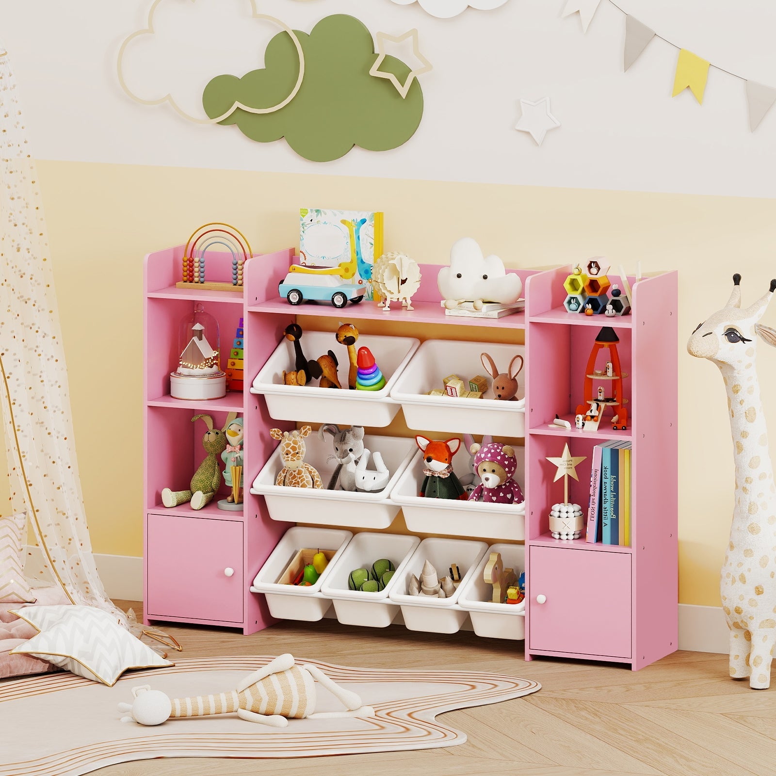 56 inch Large Toy Storage Organizer with 8 Removable Bins and Bookshelf-Gray