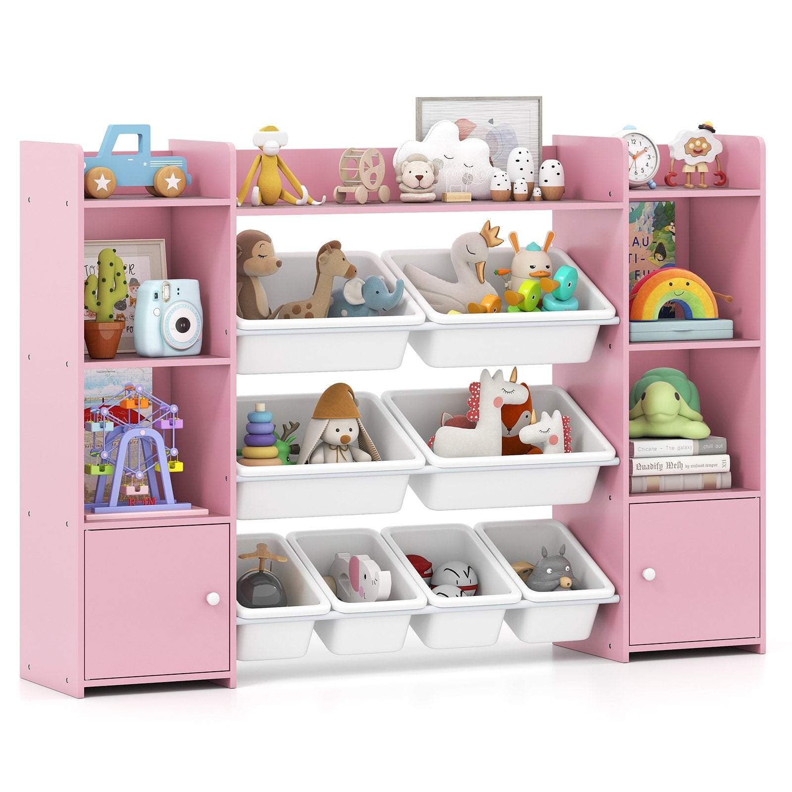 56 inch Large Toy Storage Organizer with 8 Removable Bins and Bookshelf-Gray