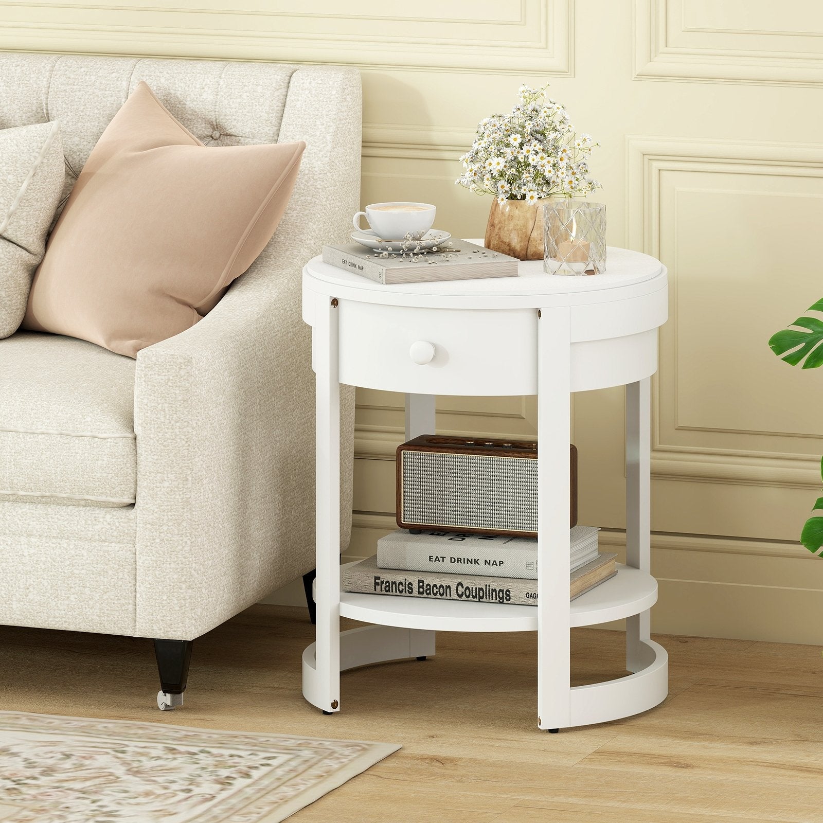 2-Tier Round End Table Mid Century Modern Nightstand with Drawer and Shelf