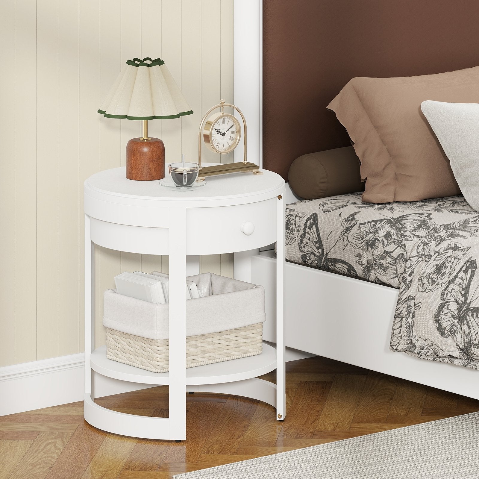 2-Tier Round End Table Mid Century Modern Nightstand with Drawer and Shelf