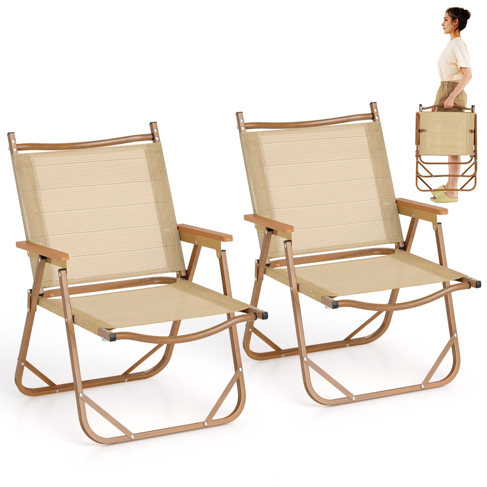 Folding Camp Chairs Set of 2 Lightweight Beach Chairs-Beige