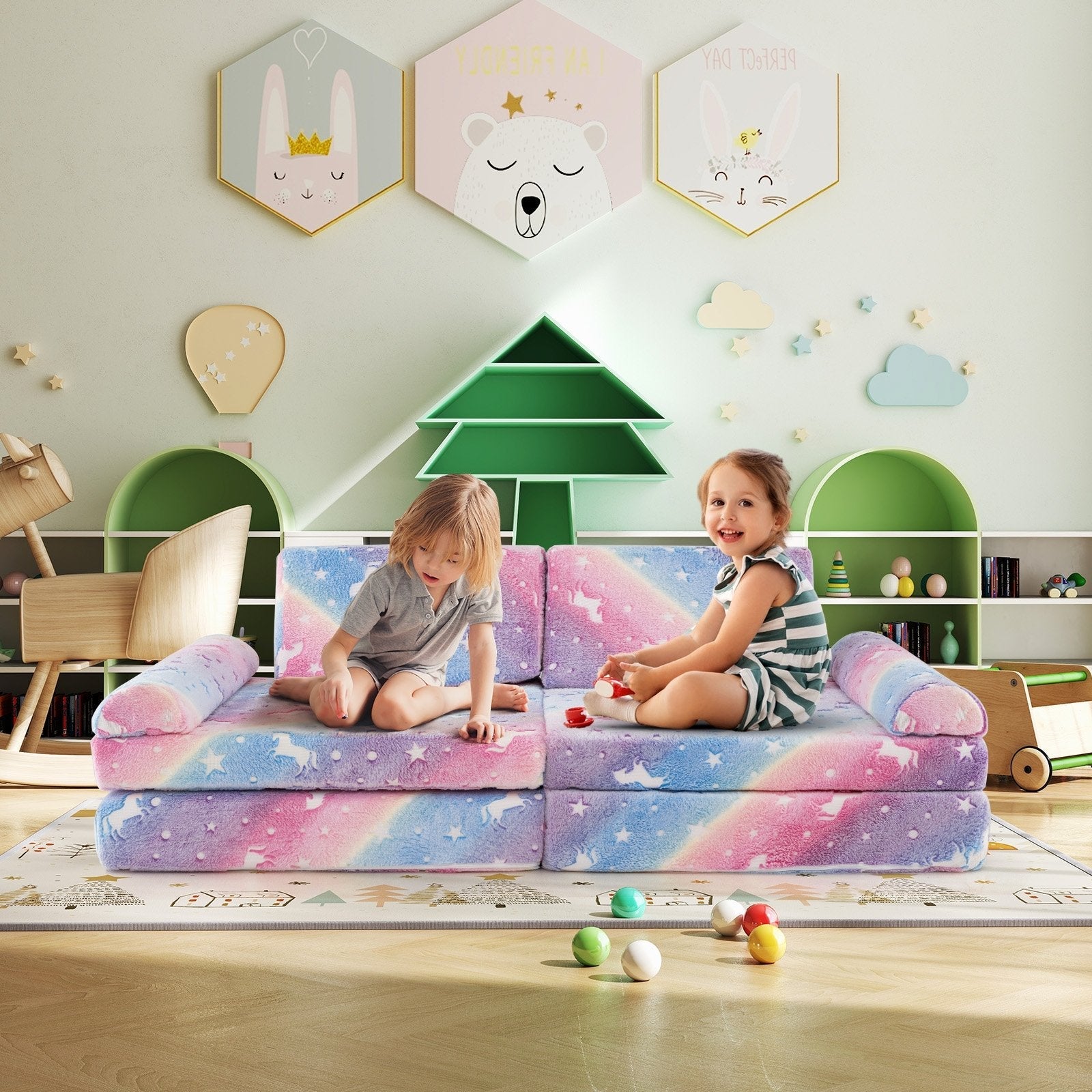 8 Pieces Modular Kids Play Couch Glow in the Dark Toddler Sectional Sofa-Gray