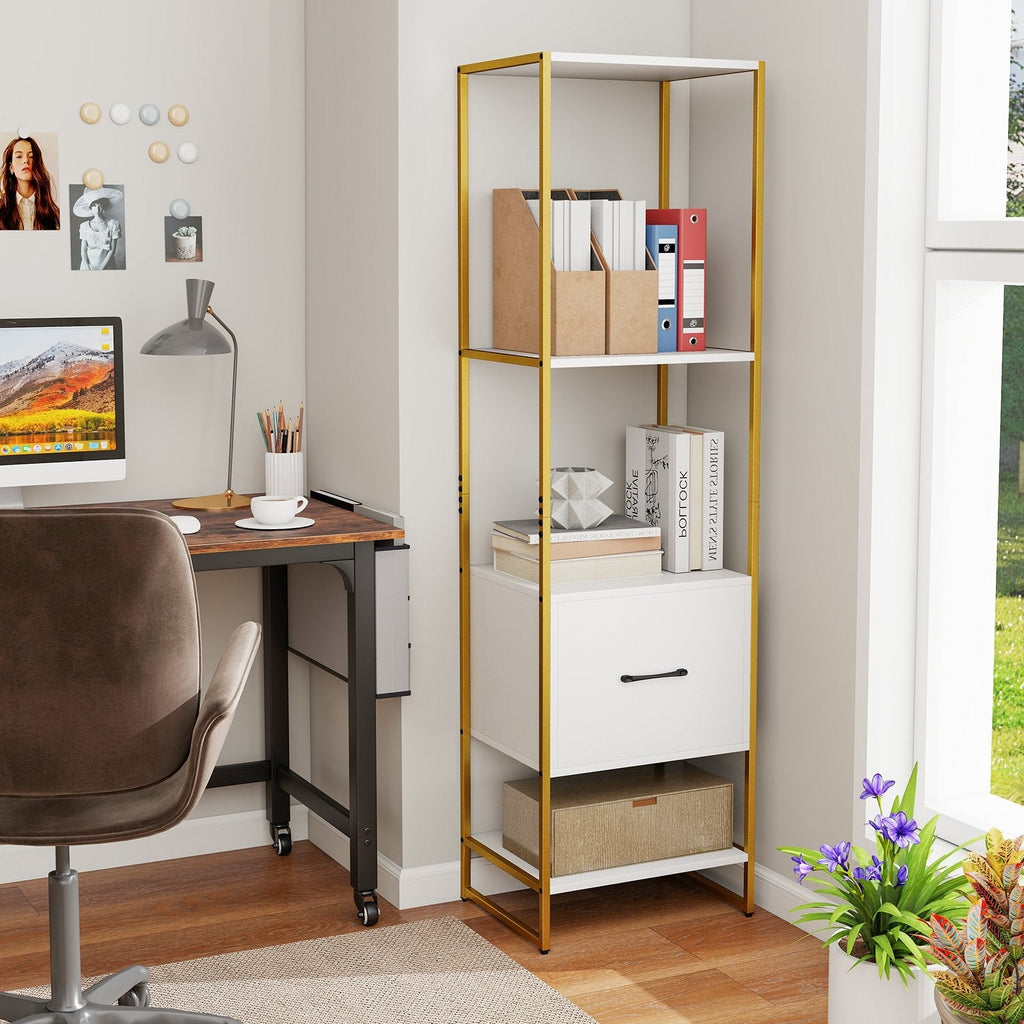 5-Tier Narrow Bookcase with 4 Open Shelves and Storage Drawer-Rustic Brown