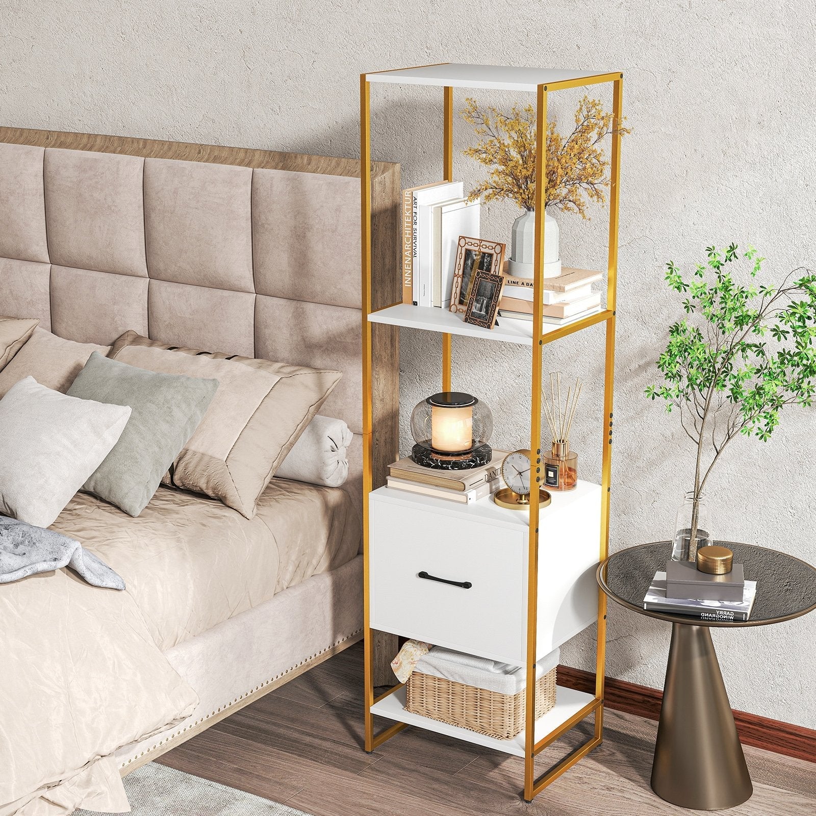 5-Tier Narrow Bookcase with 4 Open Shelves and Storage Drawer-Rustic Brown