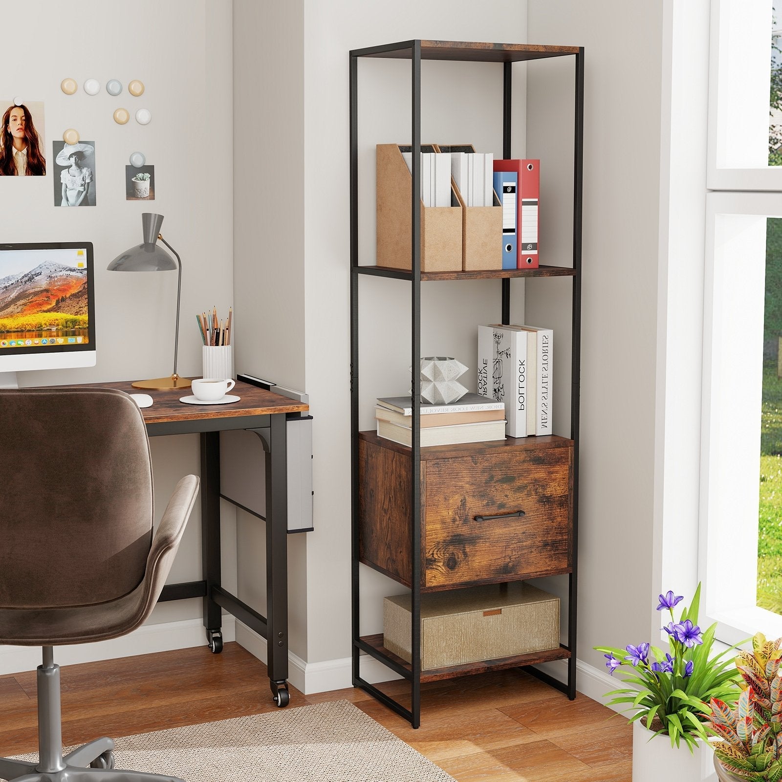 5-Tier Narrow Bookcase with 4 Open Shelves and Storage Drawer-Rustic Brown