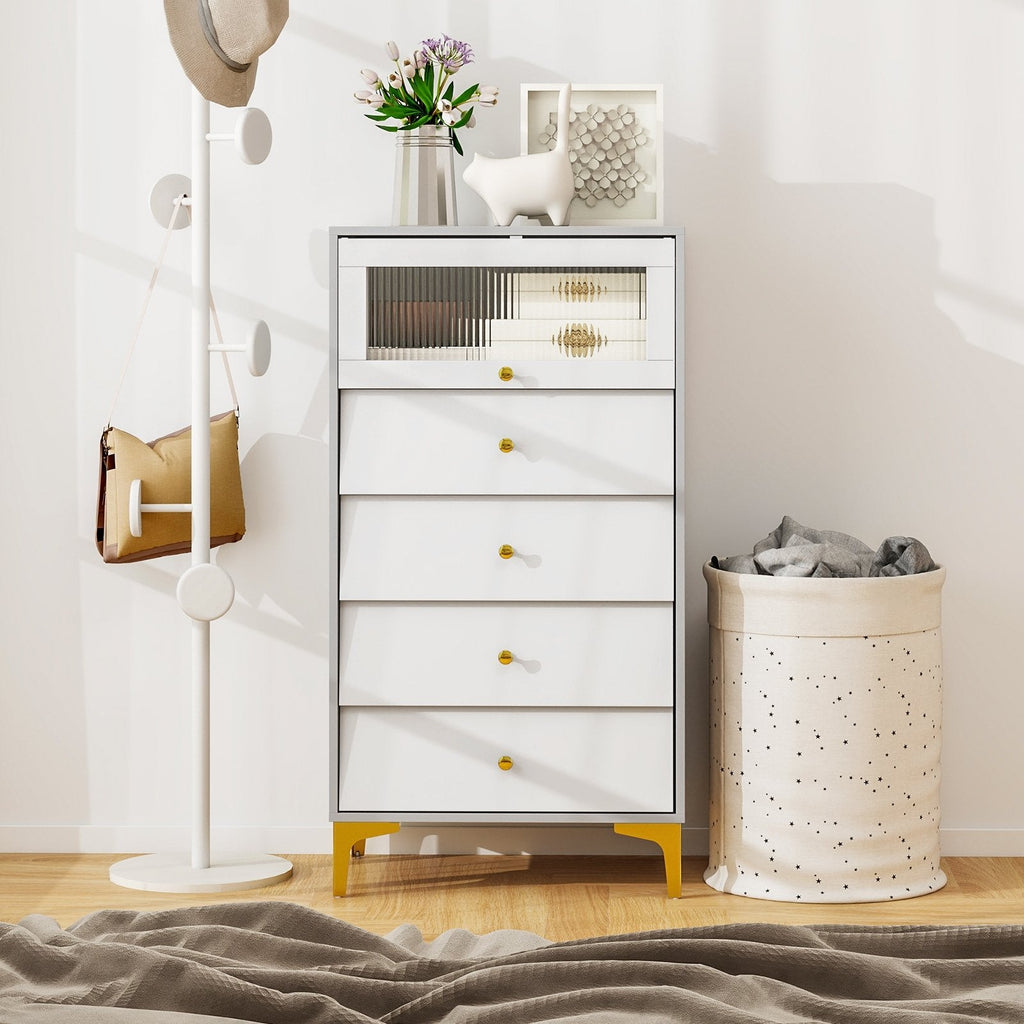 4 Drawer Modern Storage Cabinet with Flip Up Fluted Glass Door-Gray and White