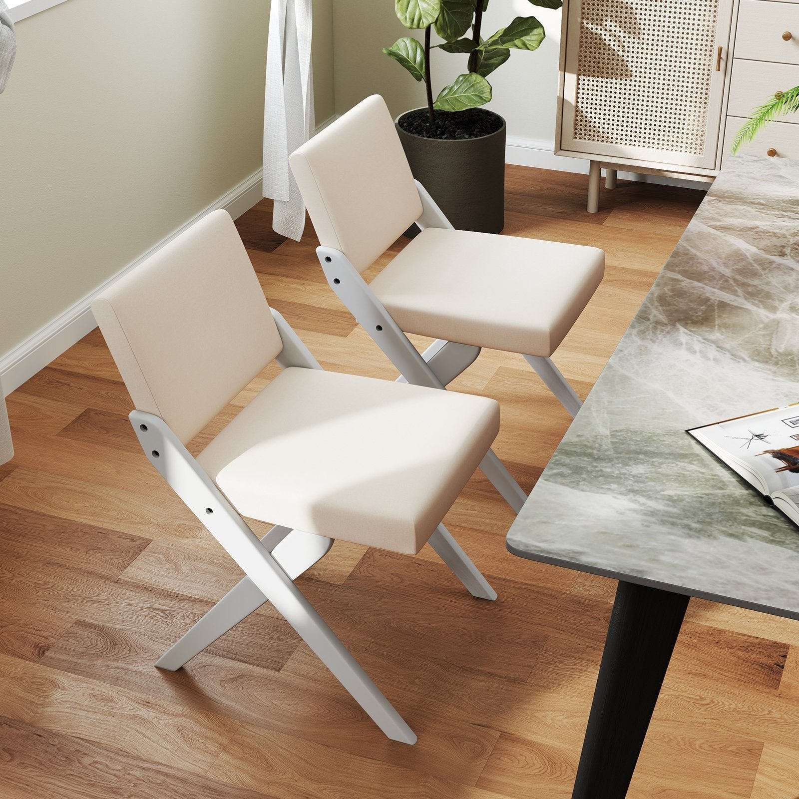 Wooden Dining Chairs of 2 with Rubber Wood Frame and Padded Cushions-White