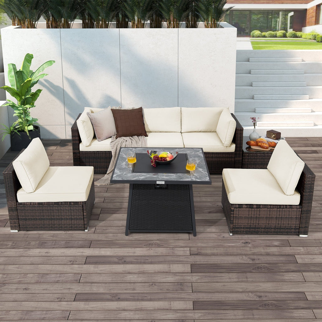 7 Pieces Patio Furniture Set with 35 Inches 50000 BTU Propane Gas Fire Pit Table and Waterproof Cover for Firpit-Beige