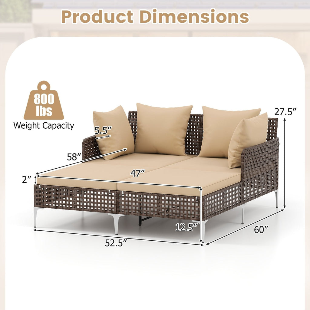 Outdoor Rattan Double Daybed Wicker Chaise Lounge-Brown