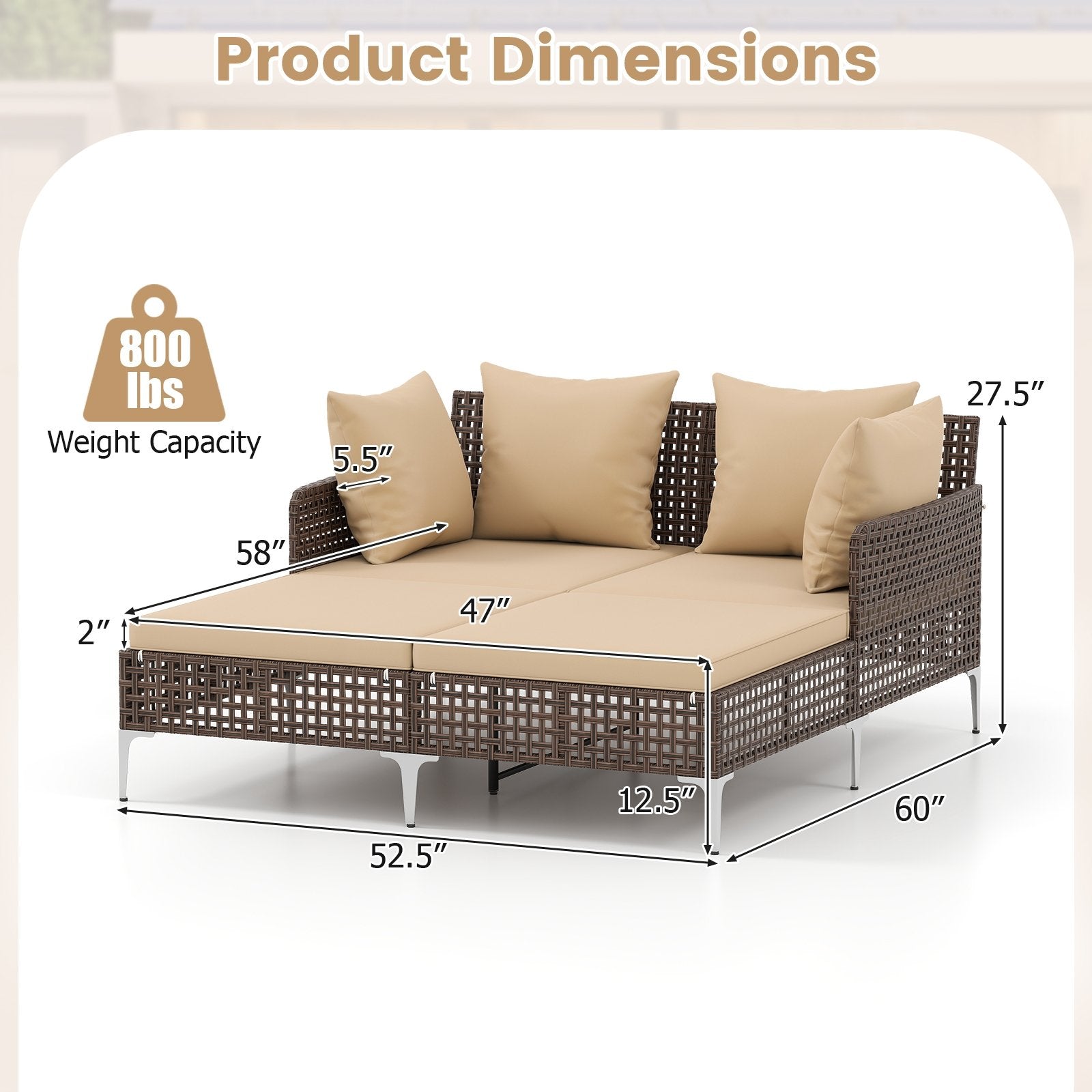 Outdoor Rattan Double Daybed Wicker Chaise Lounge-Brown
