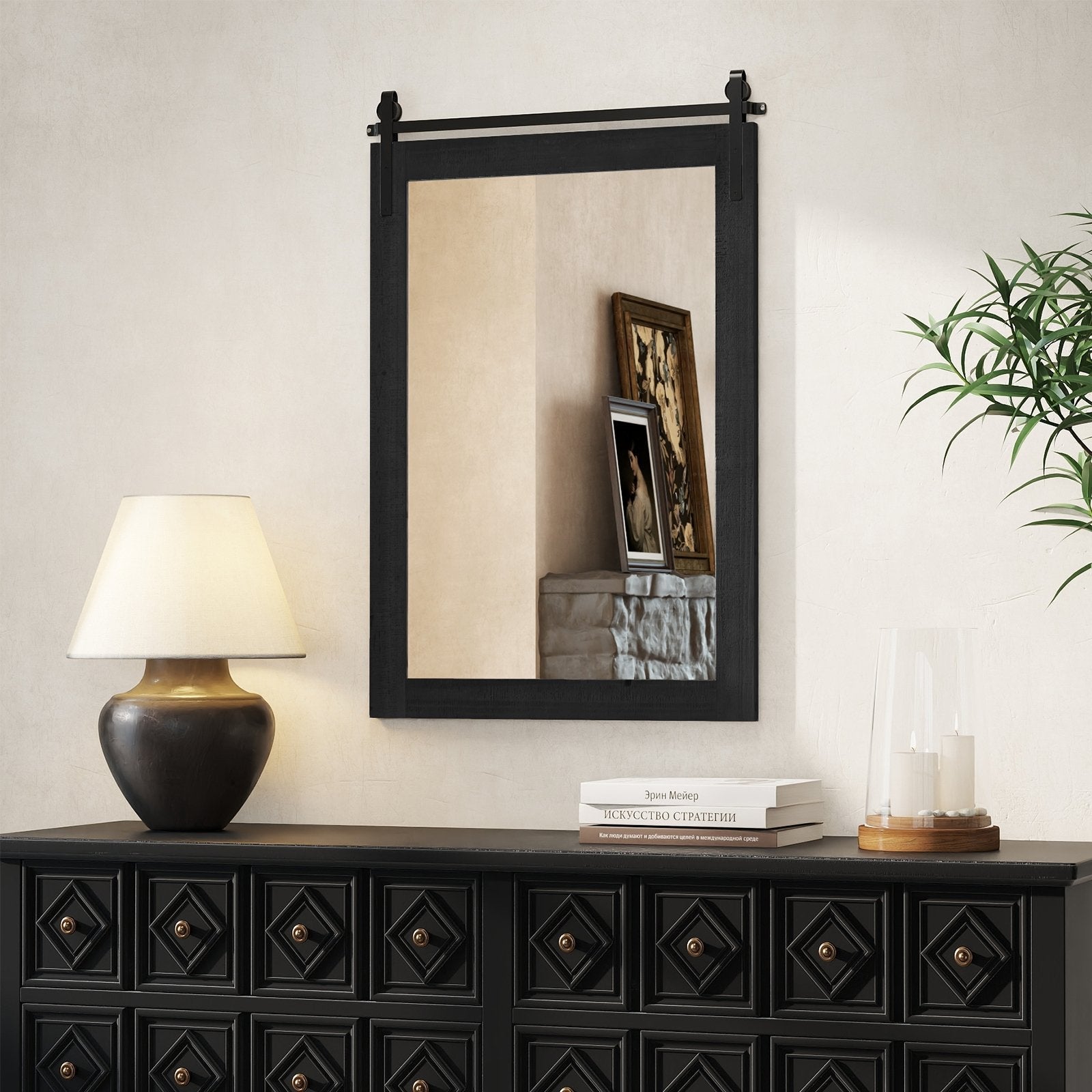 Rustic Wood Frame Barn Door Style Farmhouse Wall Mirror-Black