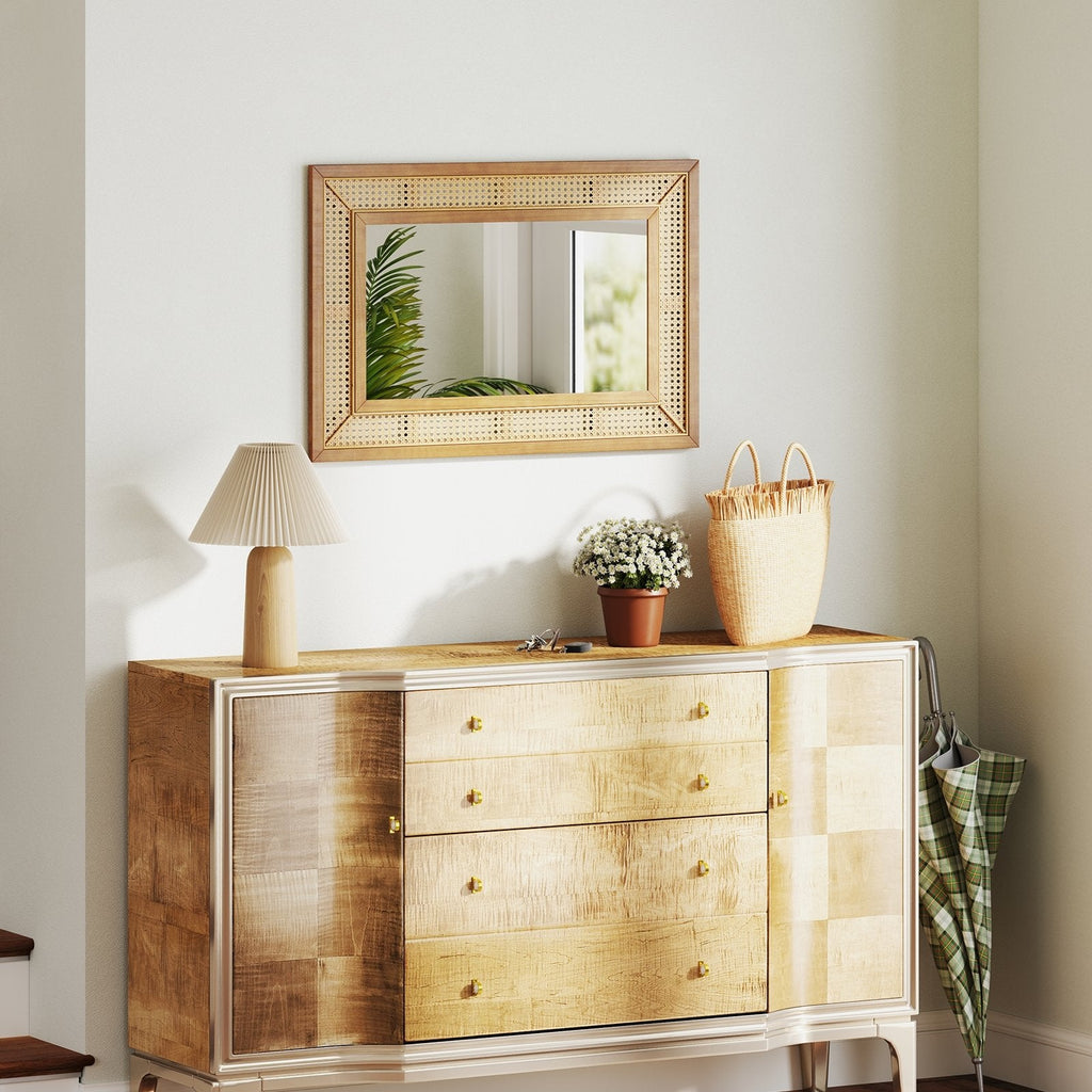 Rattan Decorative Wall Mirror with Wooden Frame for Bathroom and Living Room-Natural