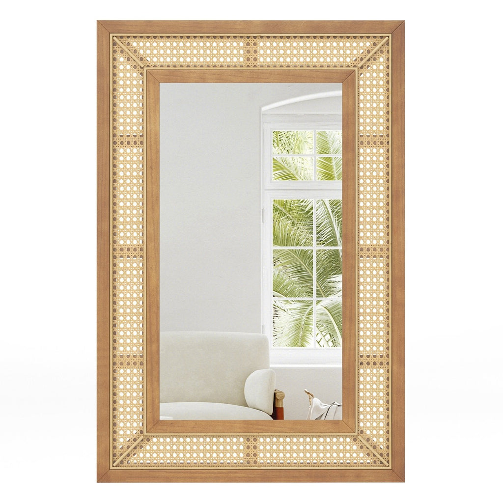 Rattan Decorative Wall Mirror with Wooden Frame for Bathroom and Living Room-Natural