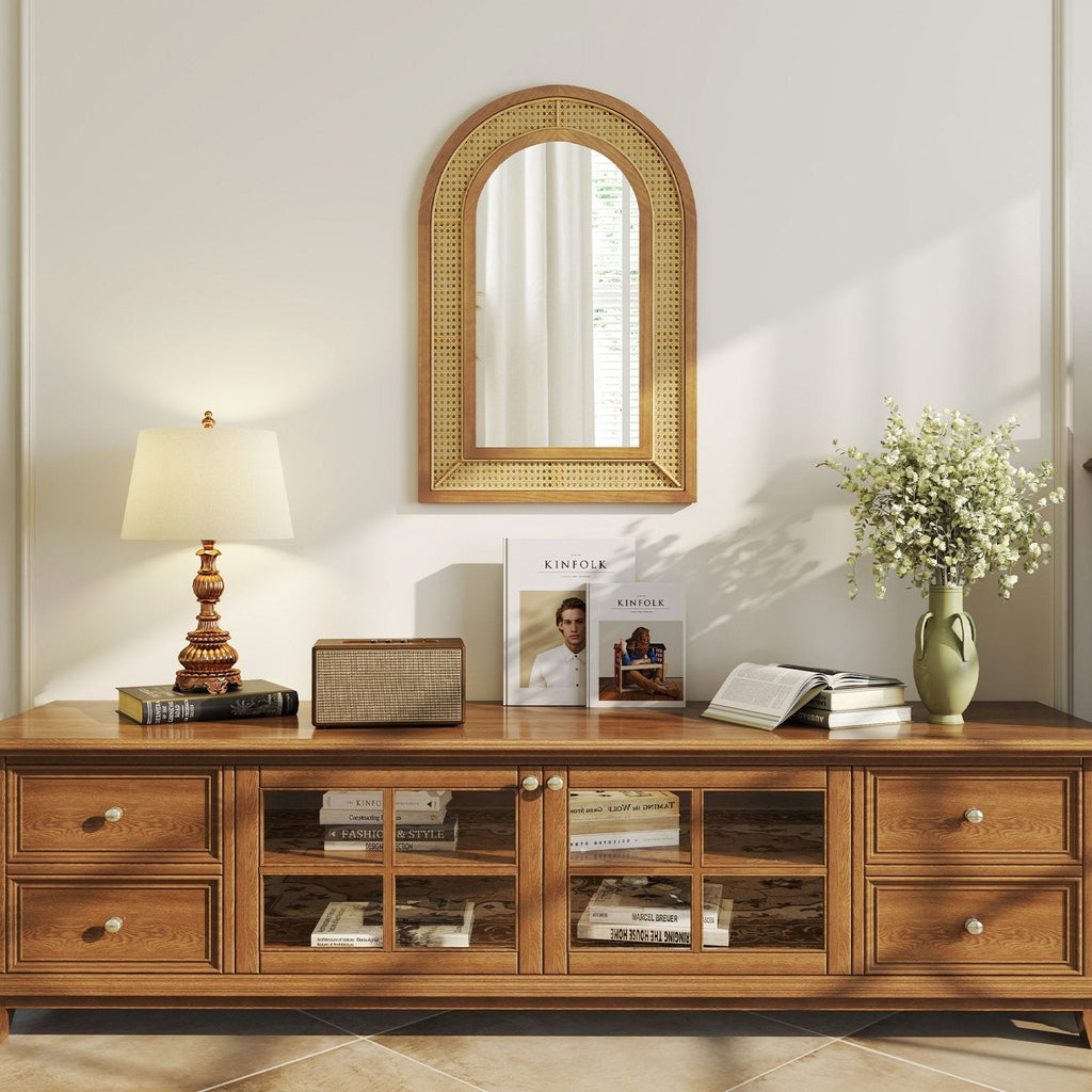 35.5 Inches x 23.5 Inches Rattan Wall Mounted Decorative Mirror with Wooden Frame-Natural