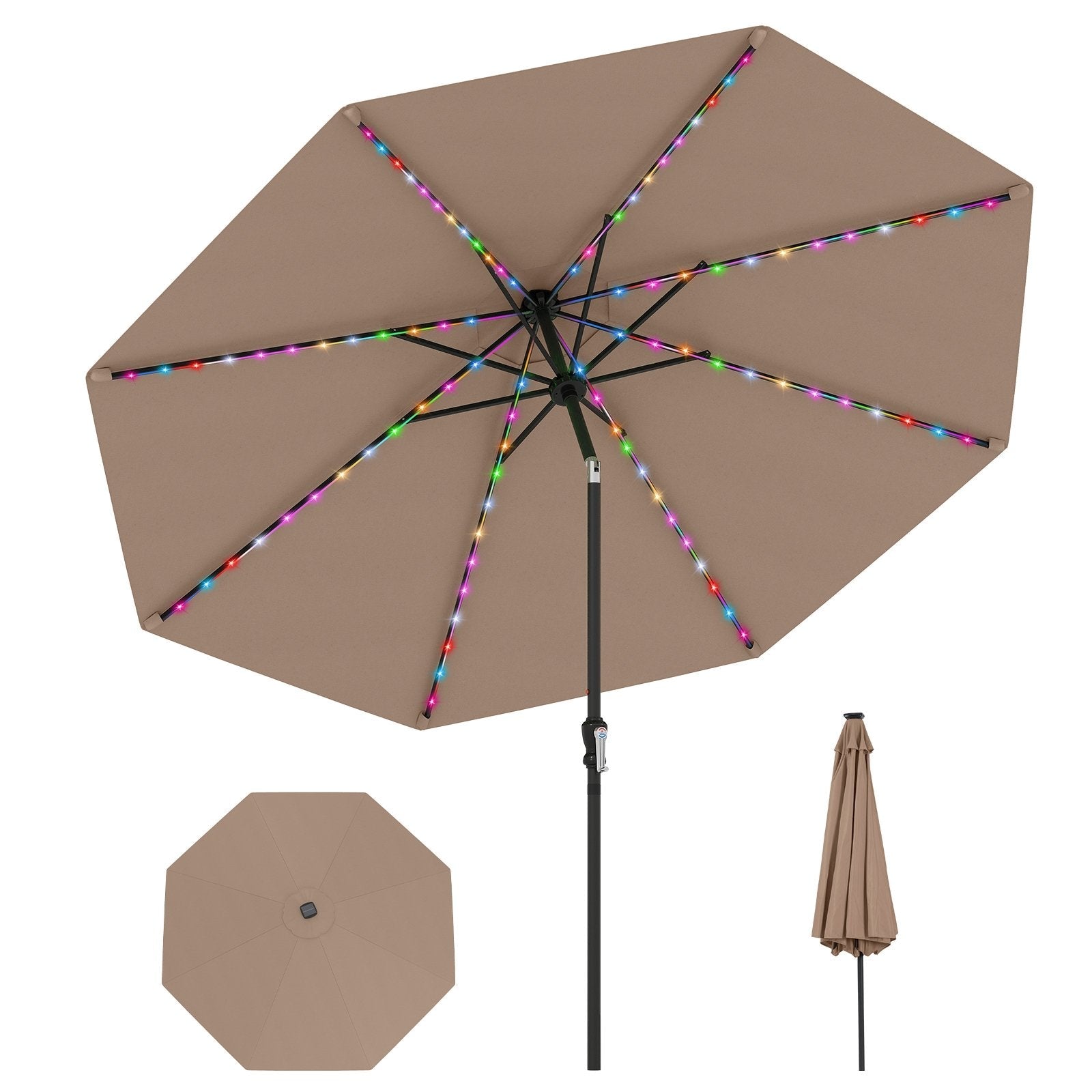 10 Feet Solar Patio Umbrella with 96 Multi-Colored Flowing LED Lights and Tilt Adjustment-Beige