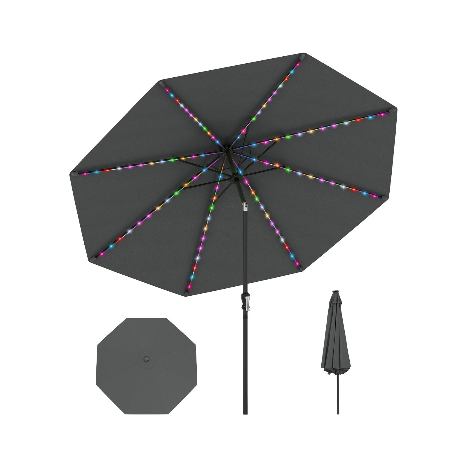 10 Feet Solar Patio Umbrella with 96 Multi-Colored Flowing LED Lights and Tilt Adjustment-Beige