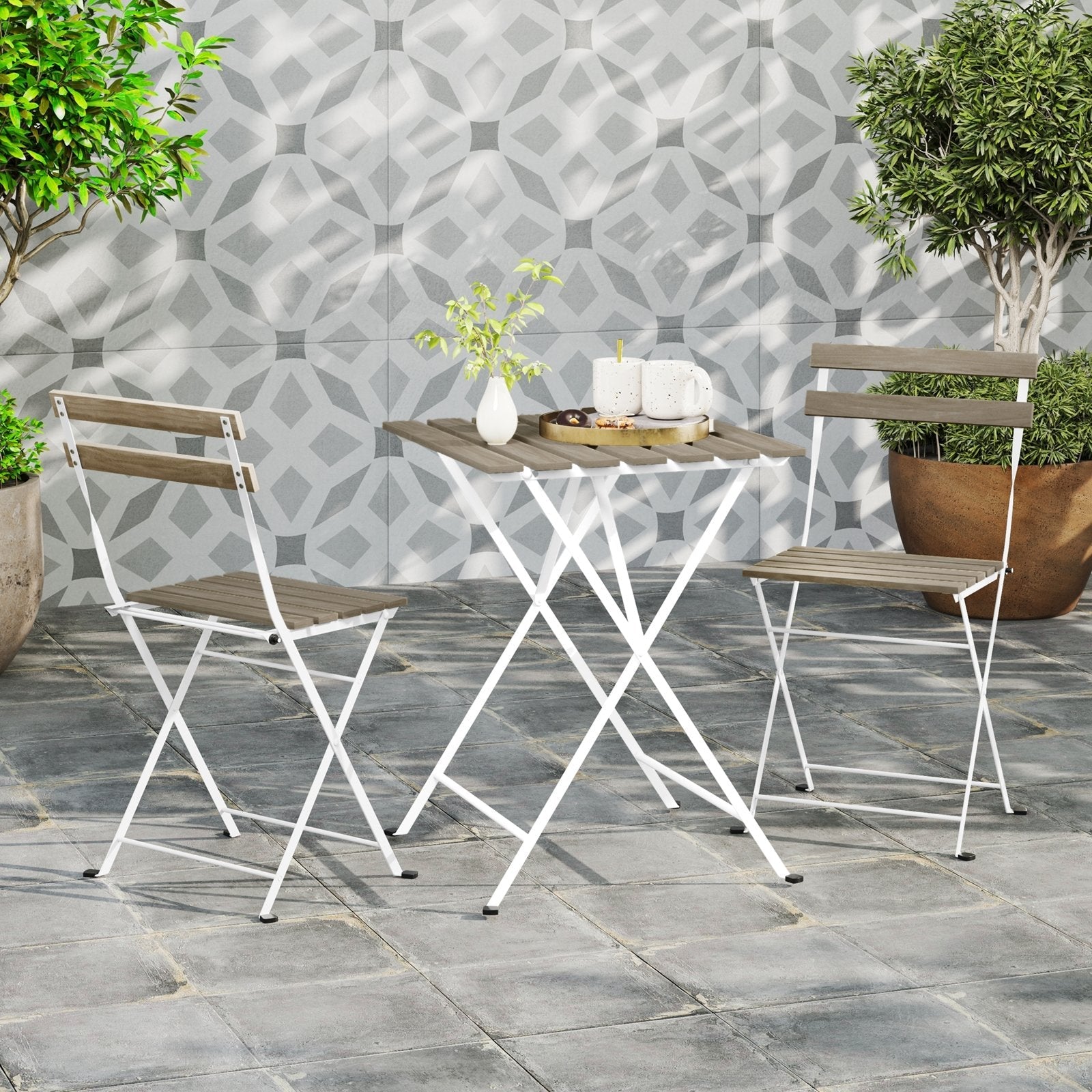 3 Piece Patio Acacia Wood Bistro Set with Slatted Seat and Tabletop-Brown