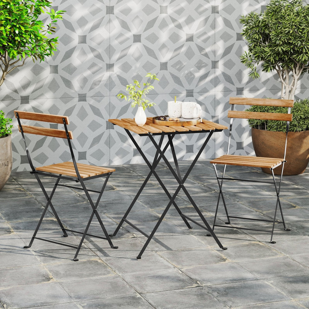 3 Piece Patio Acacia Wood Bistro Set with Slatted Seat and Tabletop-Brown