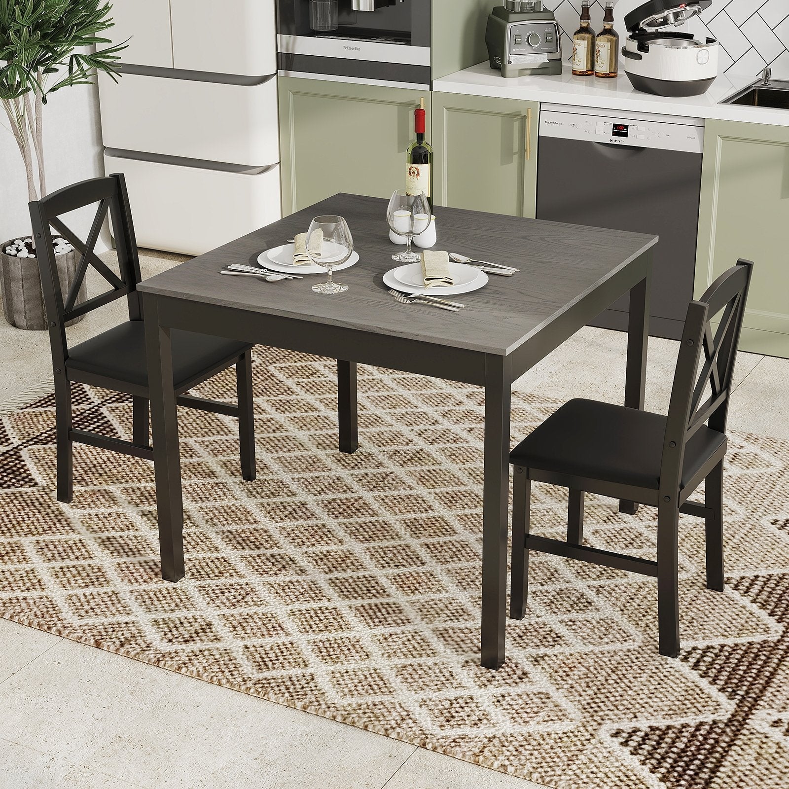 3-Piece Dining Table Set Wooden Square Kitchen Table for 2 People-Brown