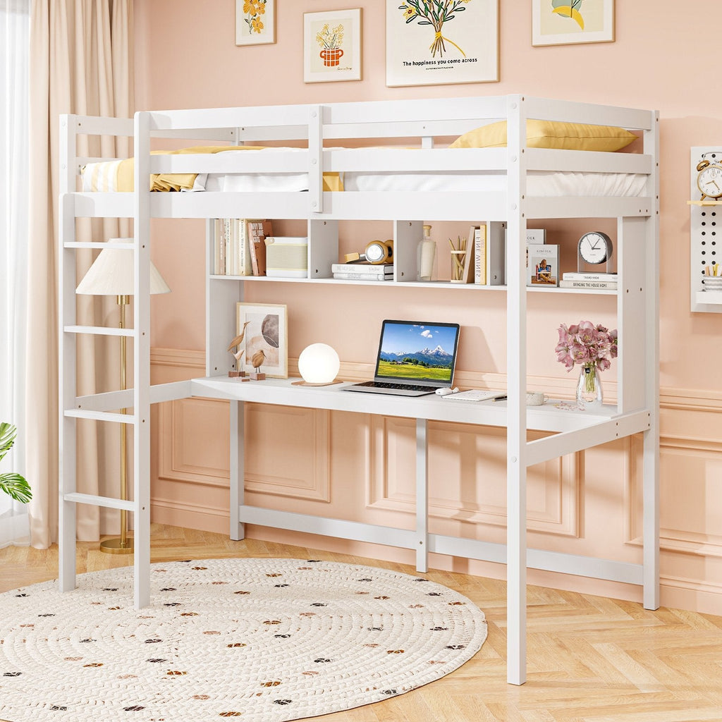 Twin Size Loft Bed with Desk and Shelves for Home Dorm Apartment No Box Spring Needed-White