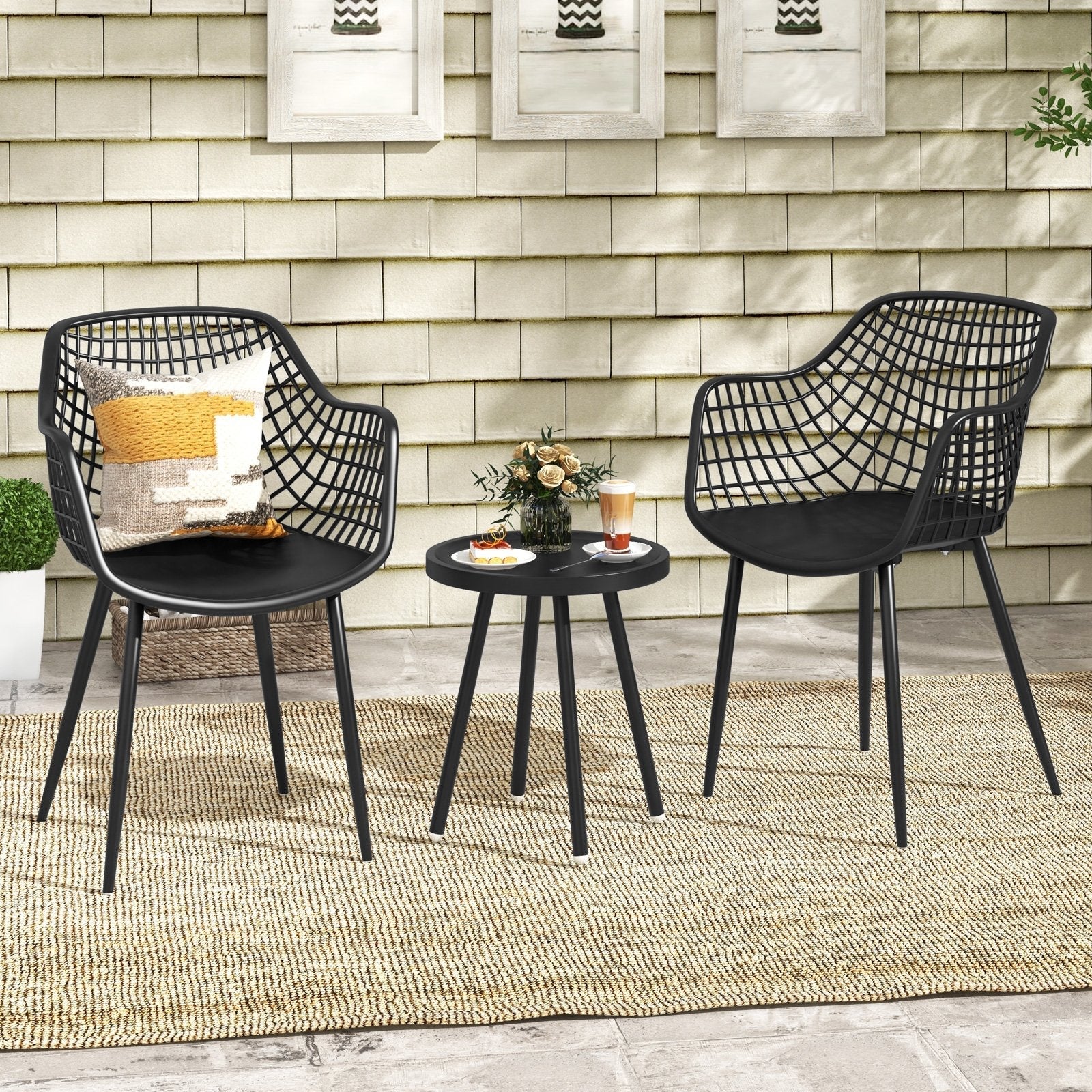 3 Piece Patio Chair Set with PP Seat and Tabletop for Porch-Black