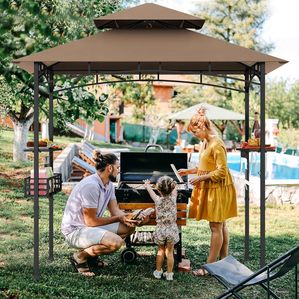 8 x 5 Feet Outdoor Grill Gazebo with 2 Side Shelves and 10 Hooks-Beige