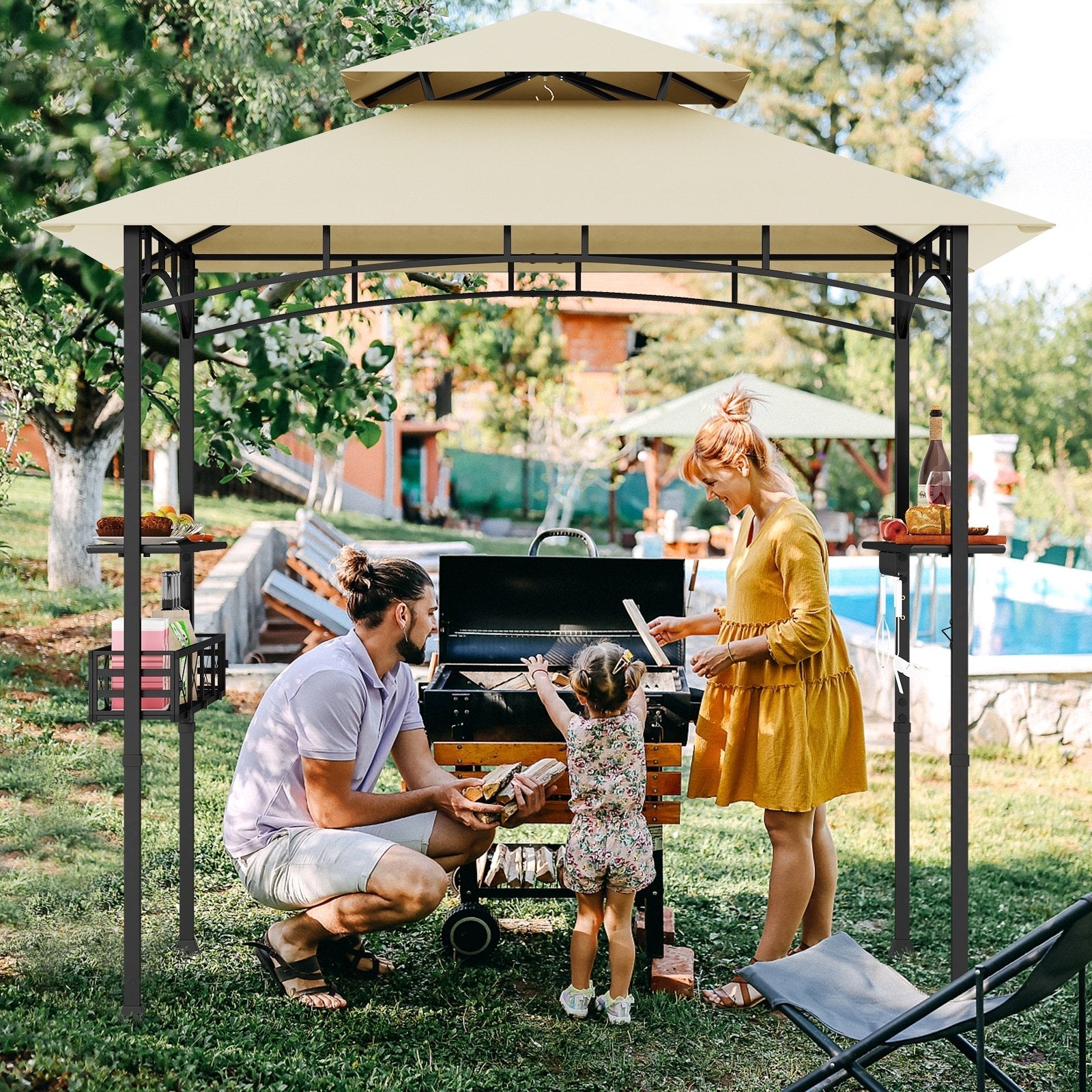8 x 5 Feet Outdoor Grill Gazebo with 2 Side Shelves and 10 Hooks-Beige