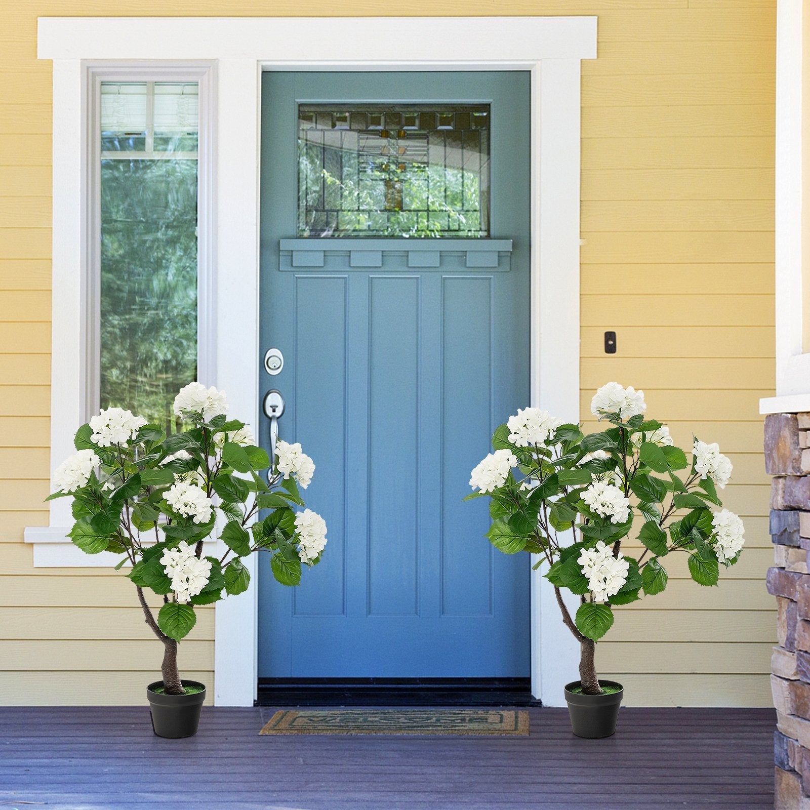 Artificial Hydrangea Tree Fake Floral Plant with 11 White Flowers-White