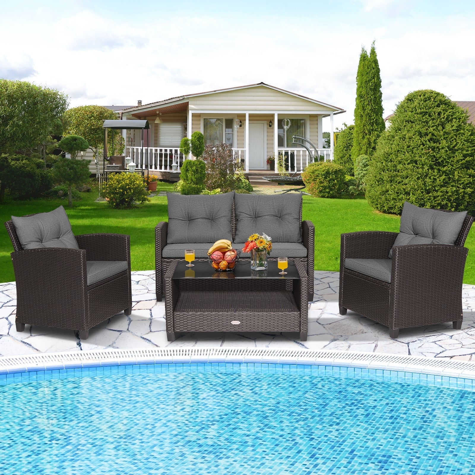 4 Pieces Outdoor Rattan Armrest Furniture Set Table with Lower Shelf-Beige