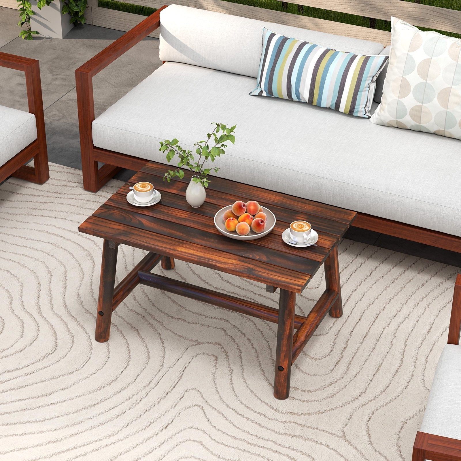 Solid Wood Patio Table with Slatted Tabletop for Garden Lawn Porch Balcony Poolside Living Room-Brown