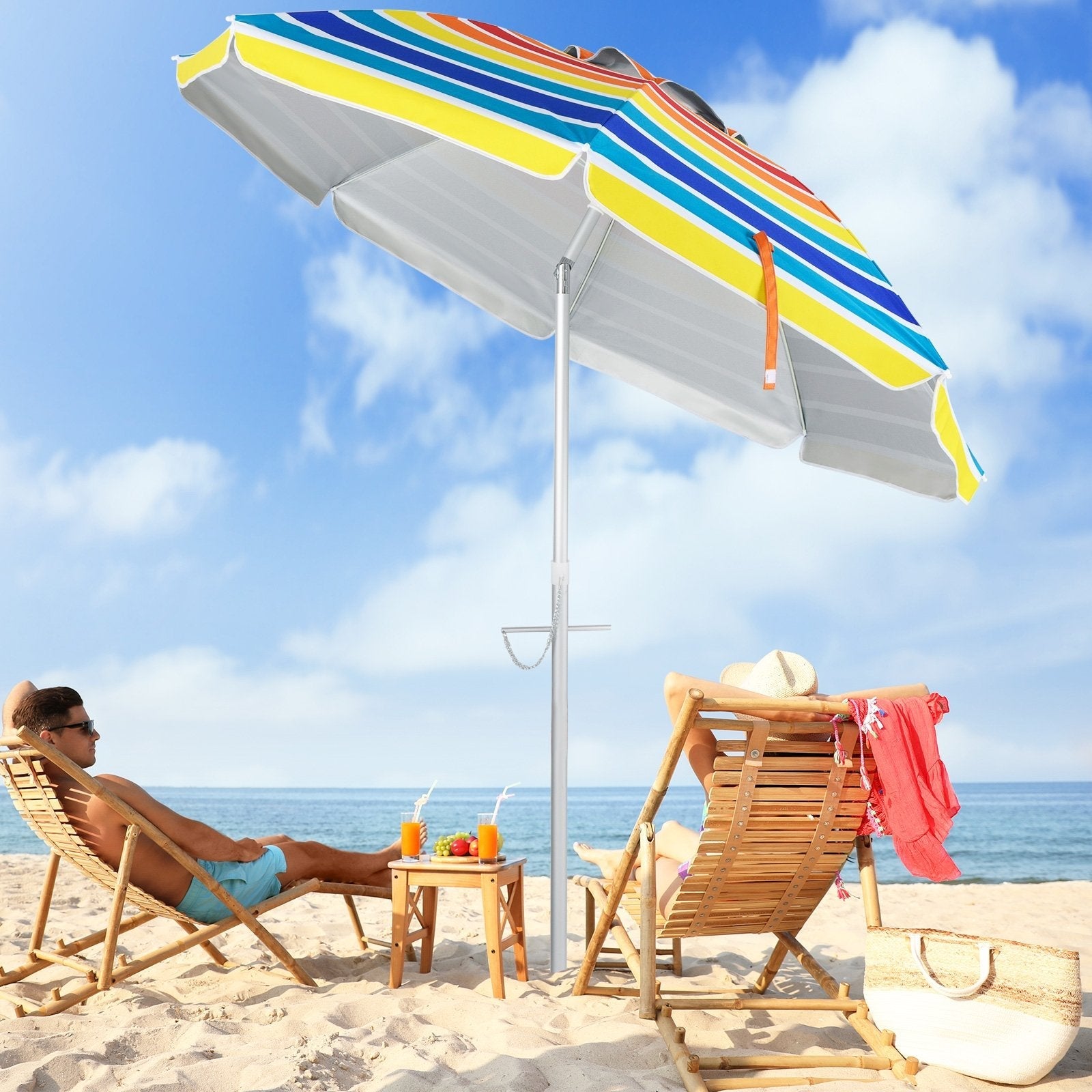 6.5 Feet Beach Umbrella with Sun Shade and Carry Bag without Weight Base-Blue