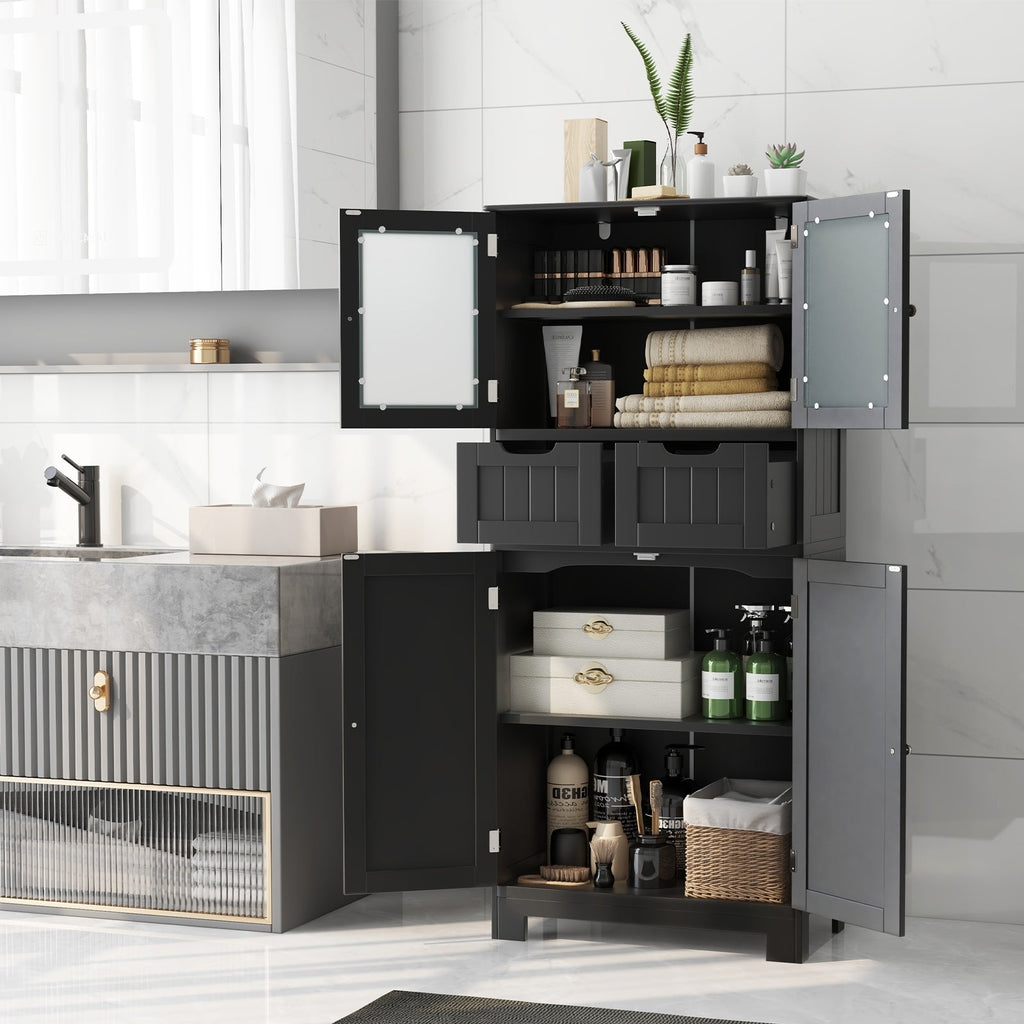 4 Door Freestanding Bathroom Floor Storage Cabinet with 2 Drawers and Glass Doors-Black