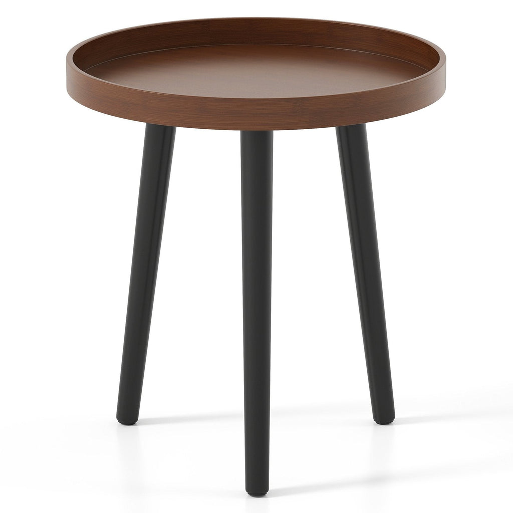 Mid Century Modern Round Side Sofa Coffee Table with Wooden Tray-Brown